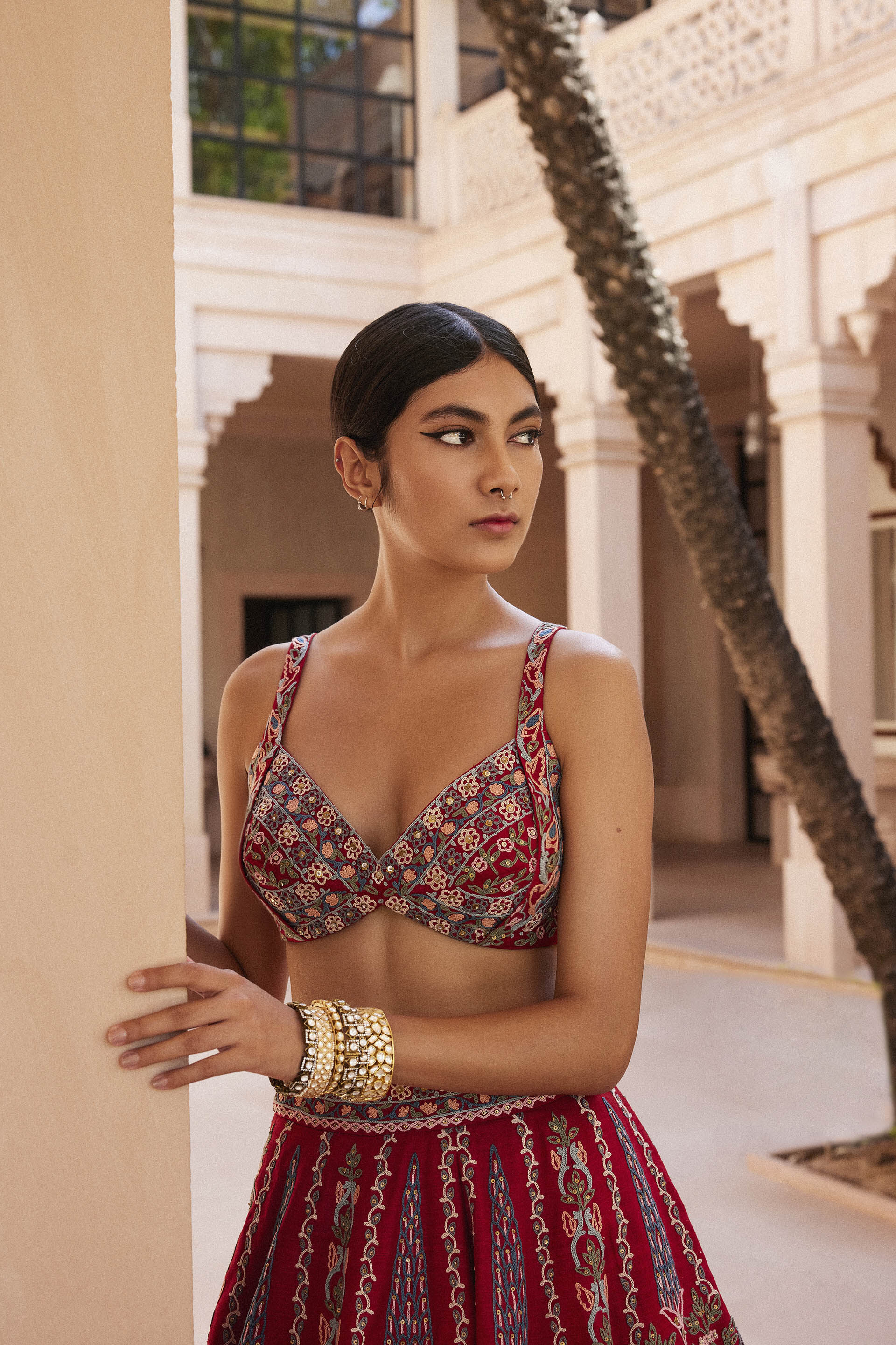 Alakana SEWA Hand-embroidered Silk Skirt Set - Red, Red, image 7