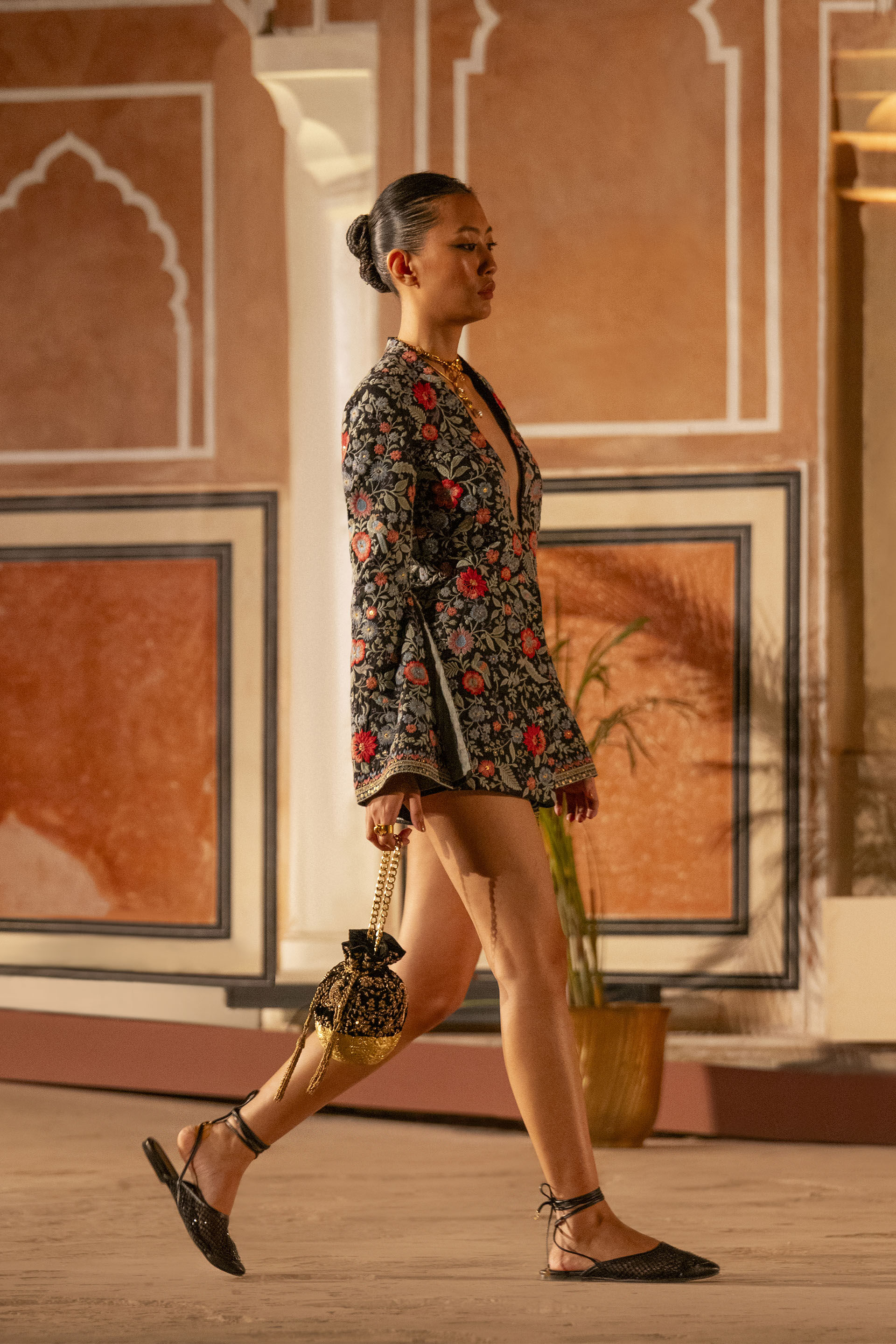 Floral Ballad Embroidered Silk Shorts Set - Black, Black, image 5