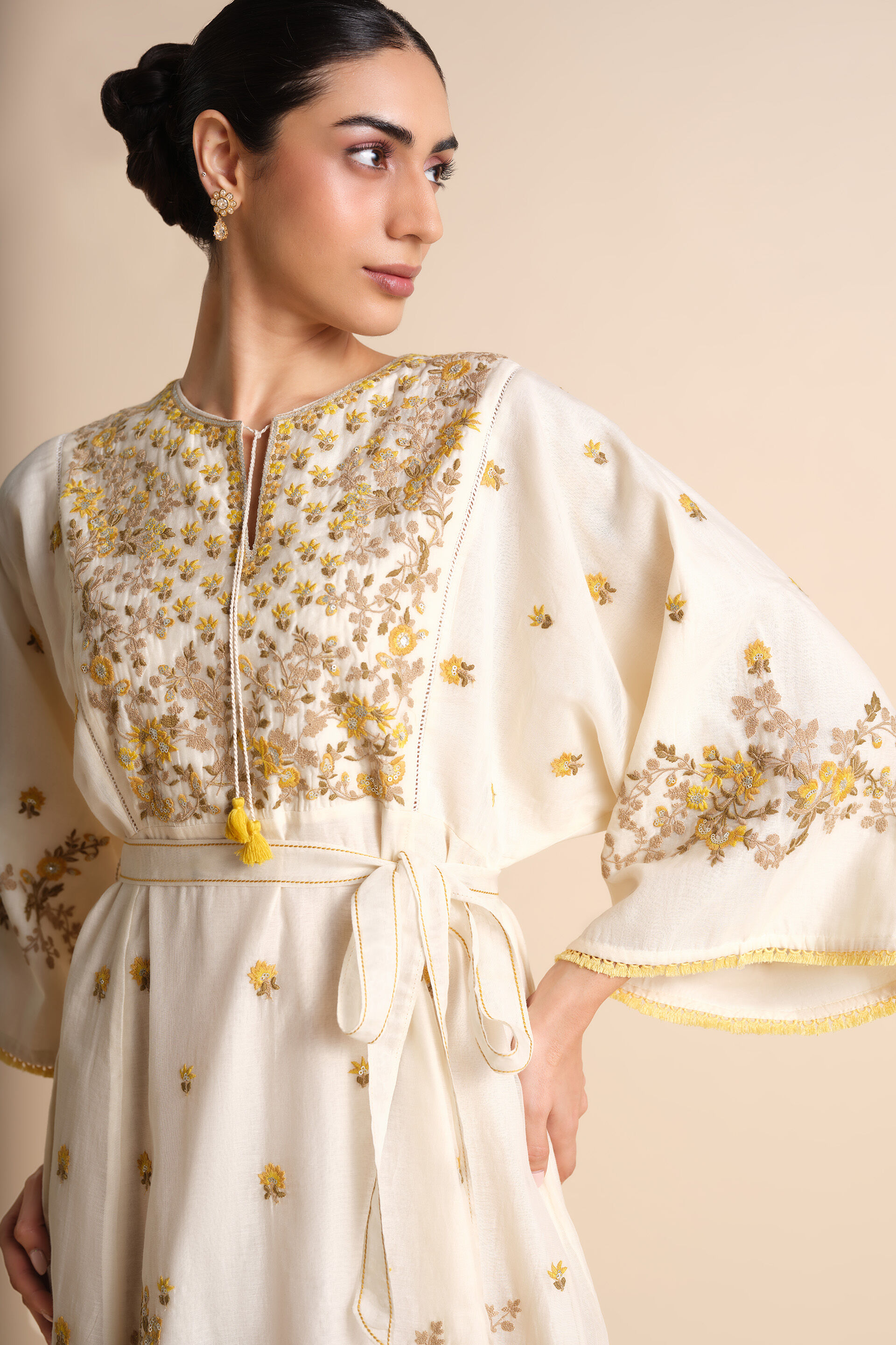 Buy Designer Amra Embroidered Mul Dress Natural Online from Anita Do