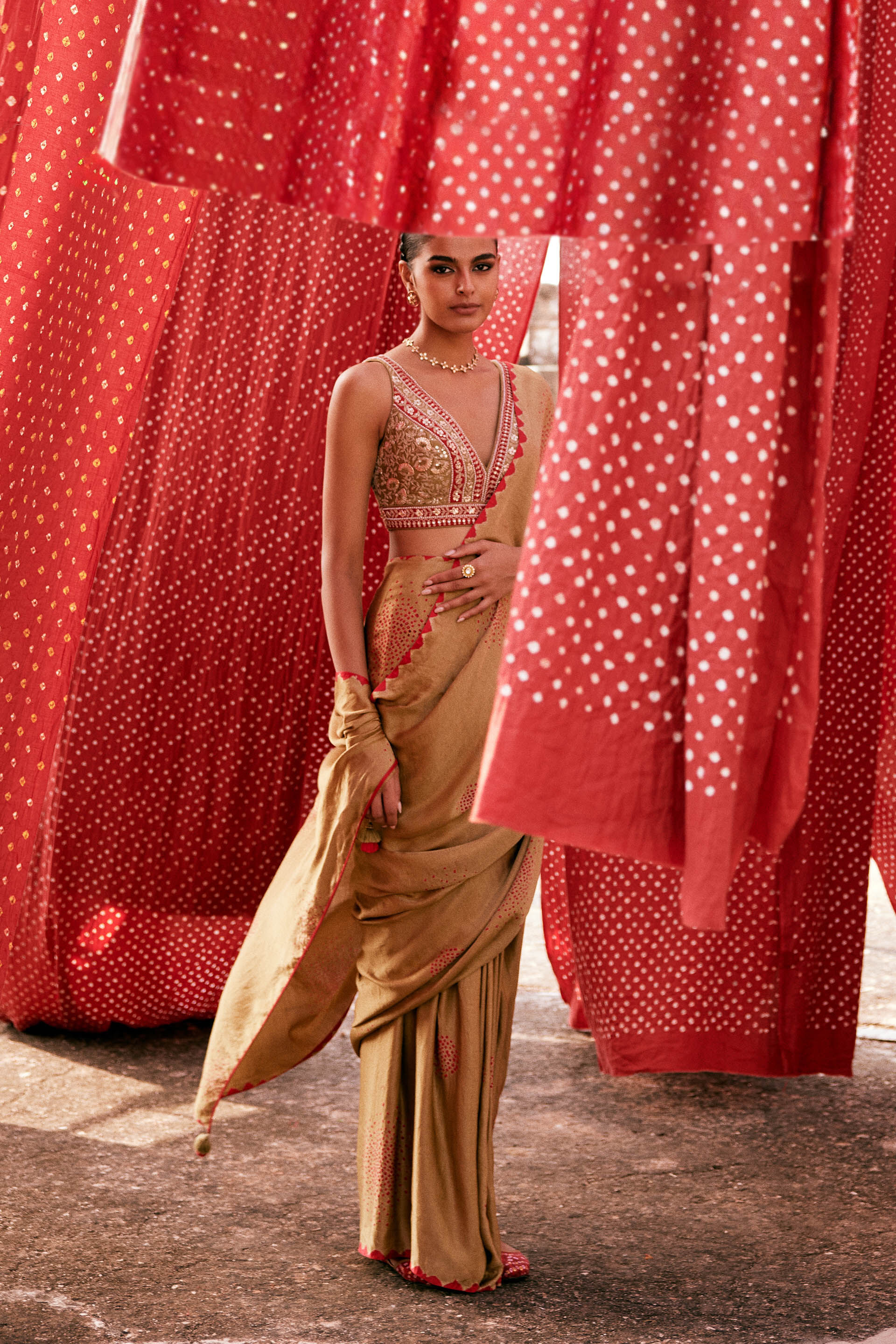 Maywa Handcrafted Bandhani Silk Pre-draped Saree - Olive, Olive, image 5