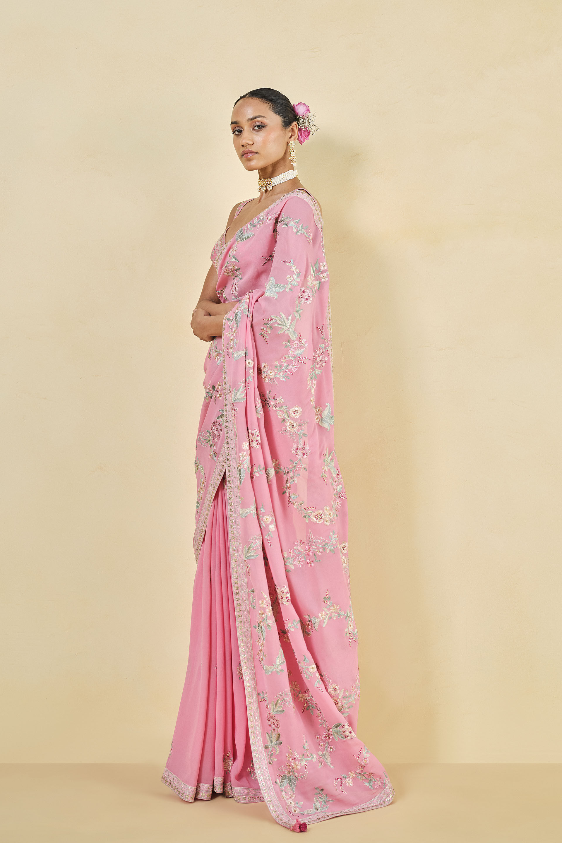 Dianthus Embroidered Georgette Saree - Pink