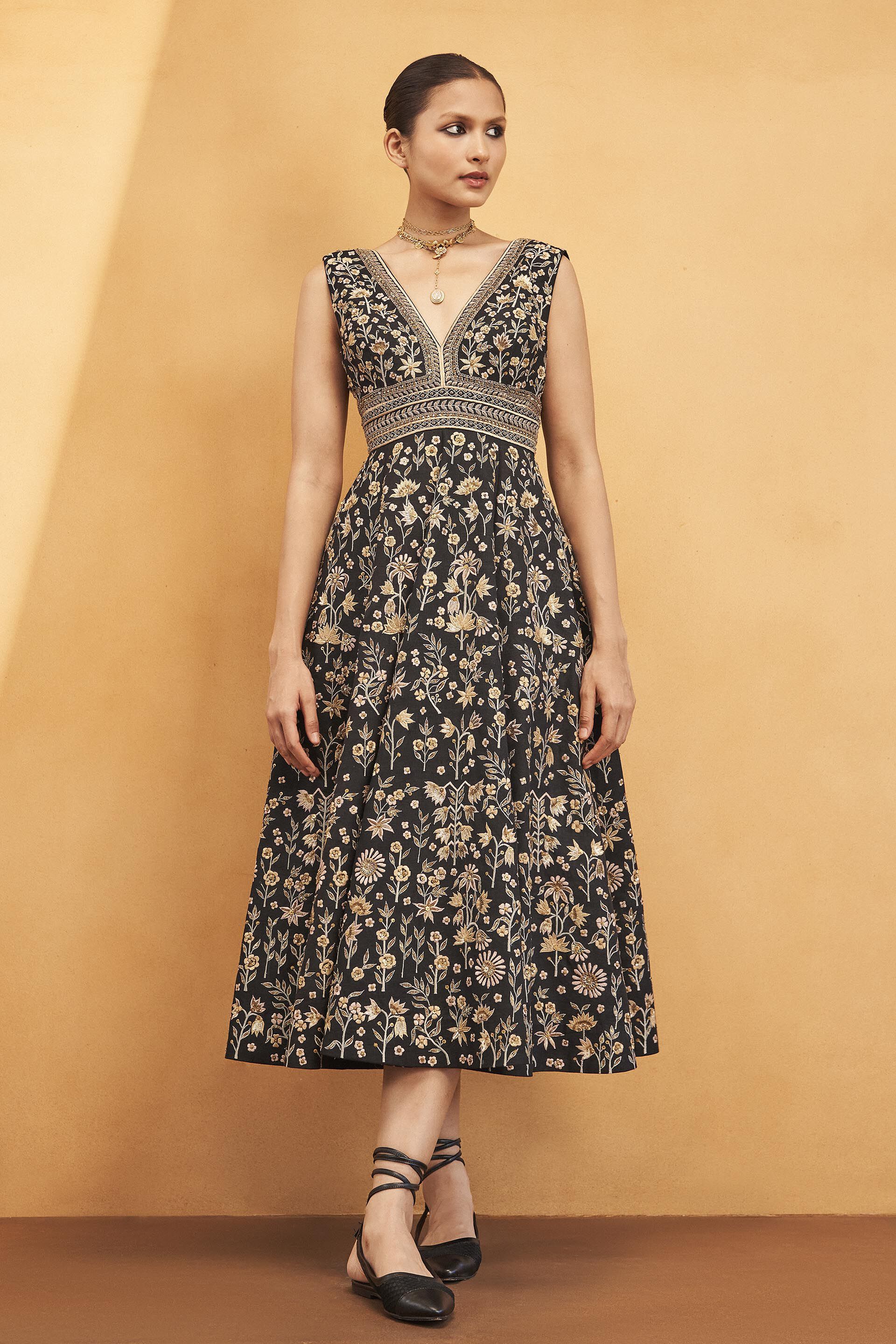 Nocturnal Serenade Zardozi Embroidered Silk Dress - Black, Black, image 1