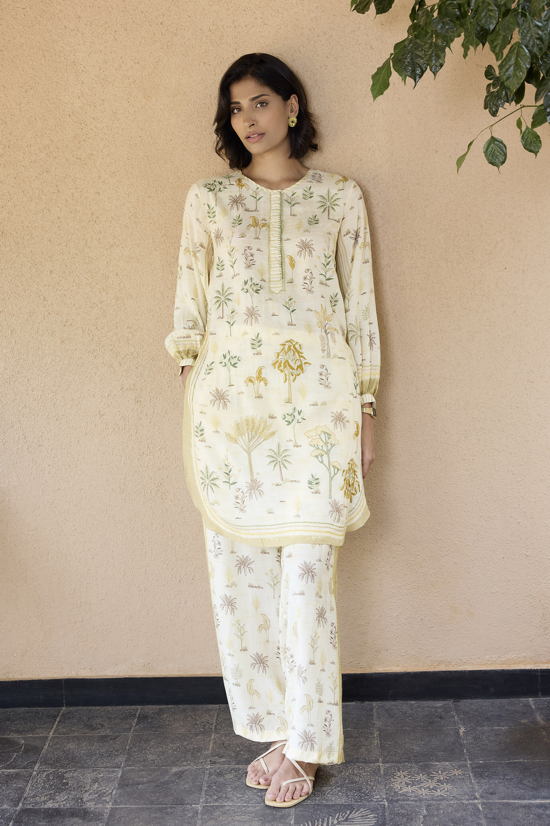 Season Song Hand-embroidered Kantha Co-ord - Ivory, Ivory, image 1