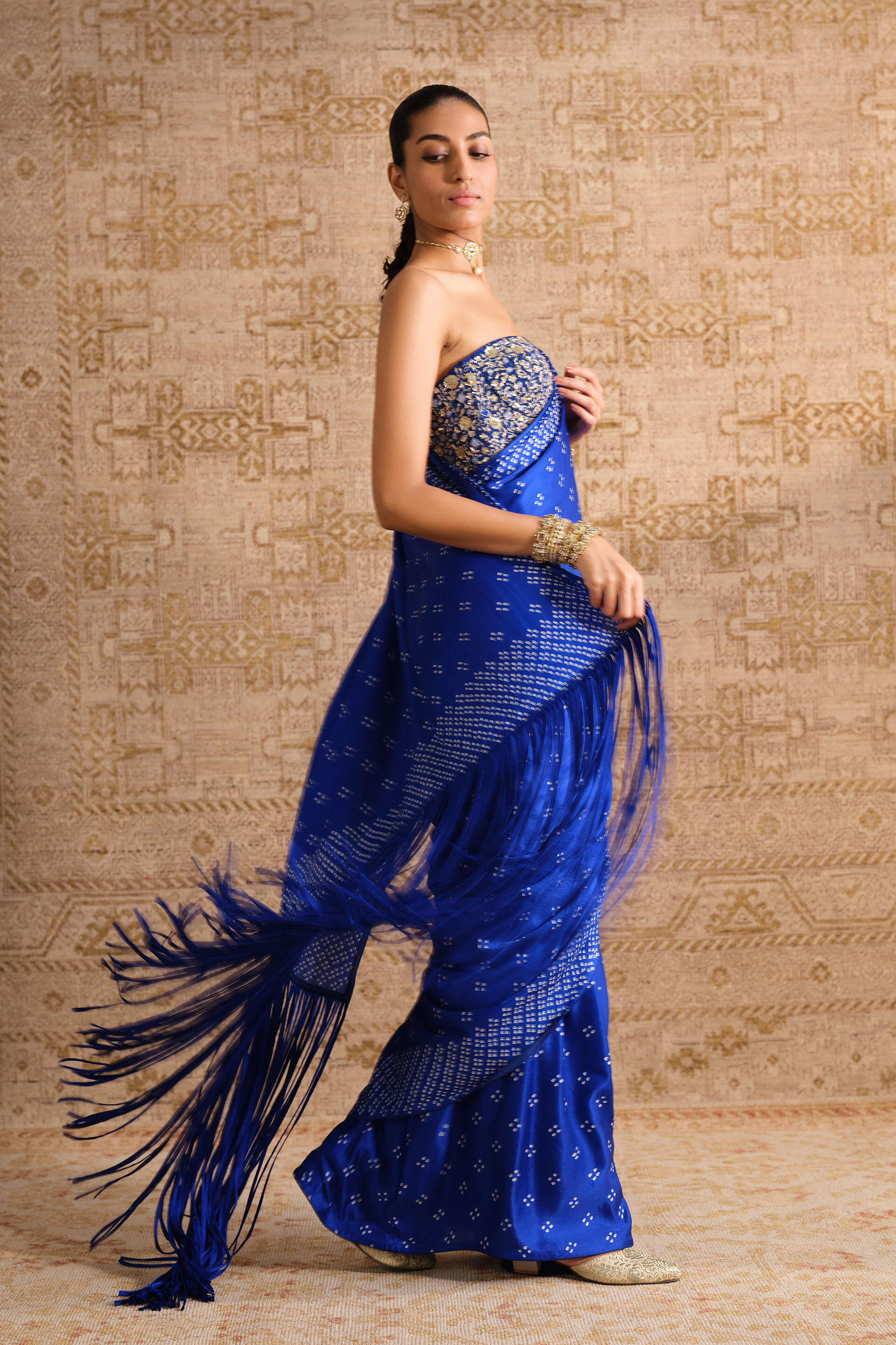 Tarangita Handcrafted Bandhani Fringe Silk Pre-draped Saree - Blue, Blue, image 3