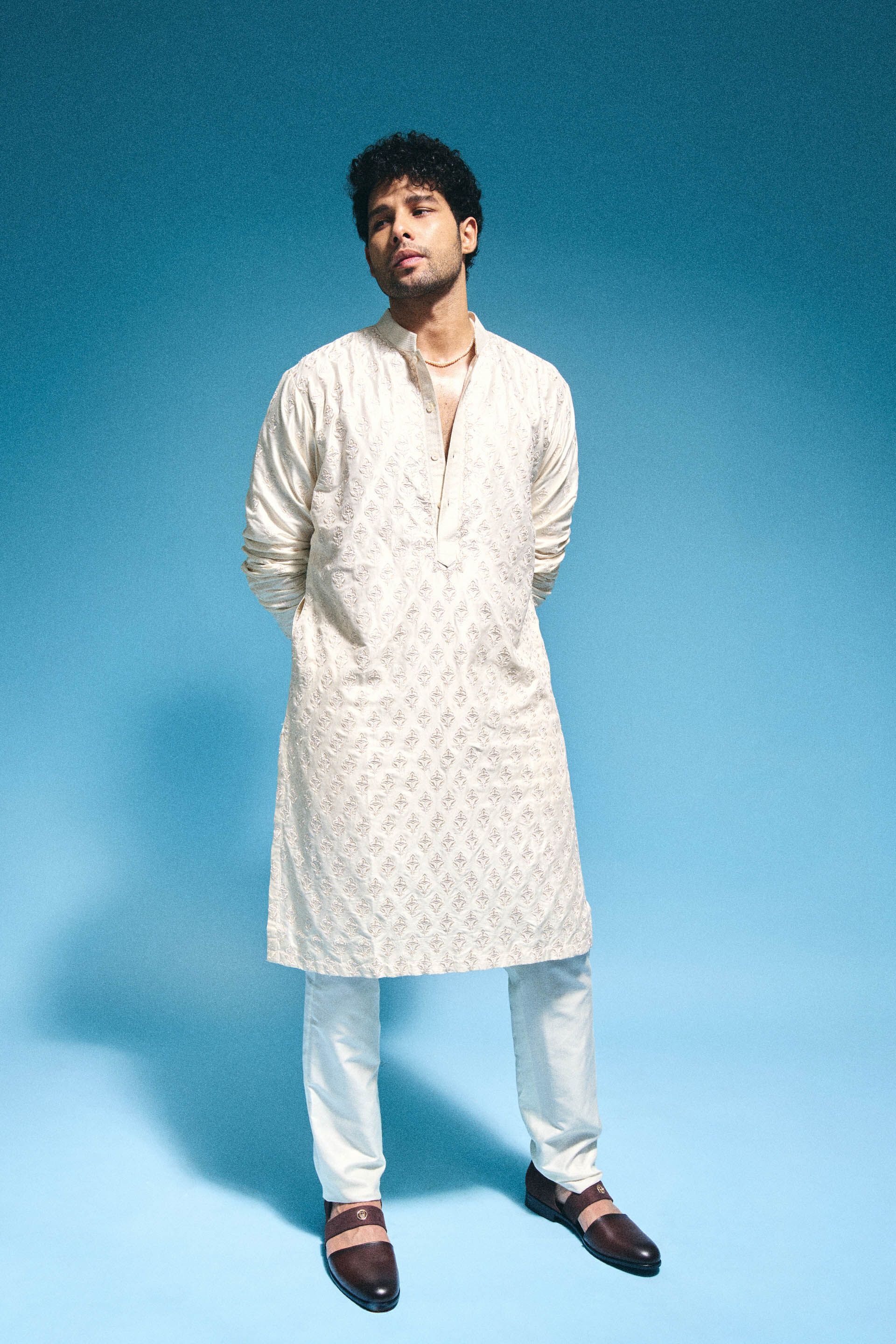 Tuhin Embroidered Silk Kurta - Ivory, Ivory, image 1