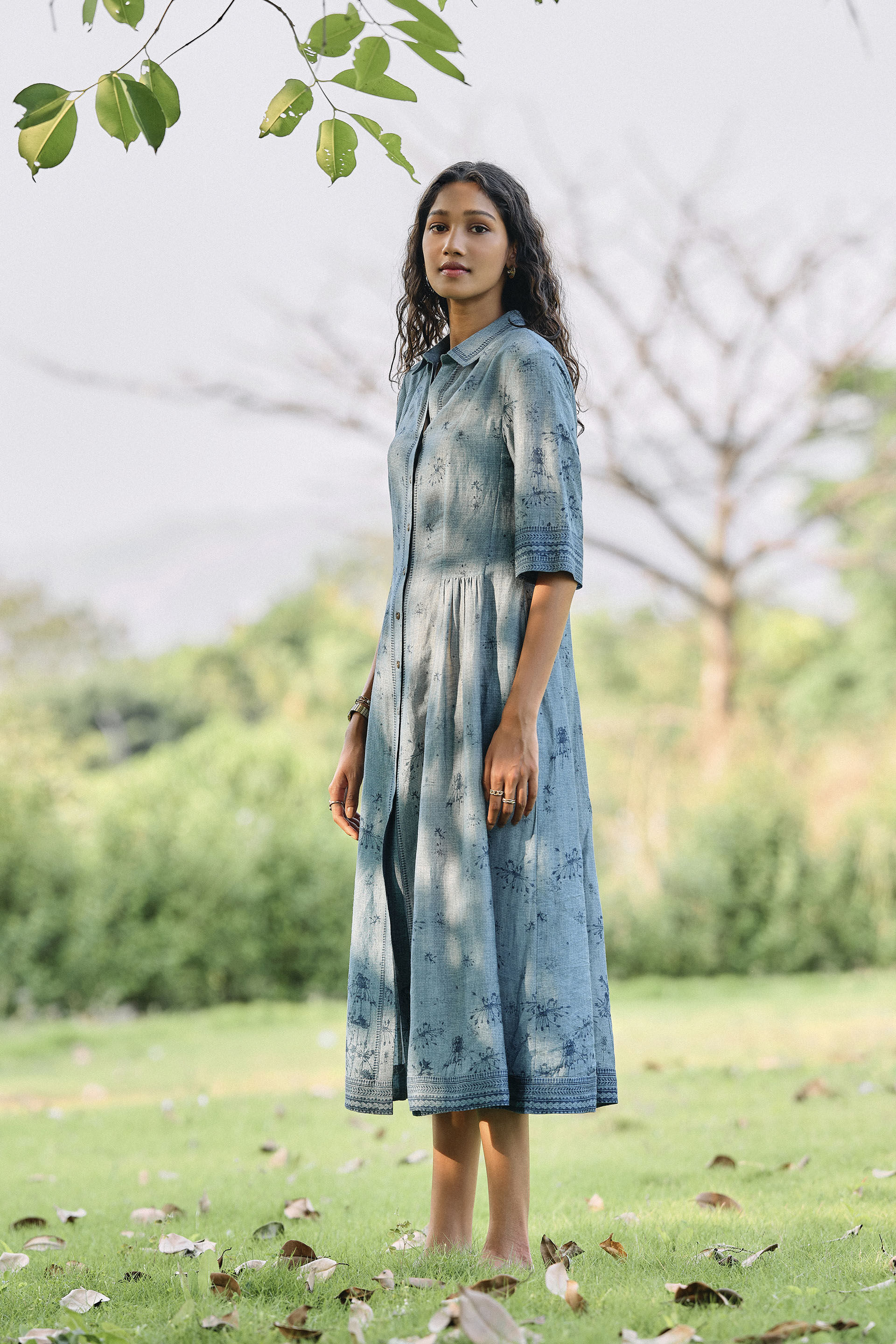 Pond Printed Bemberg Linen Dress Blue