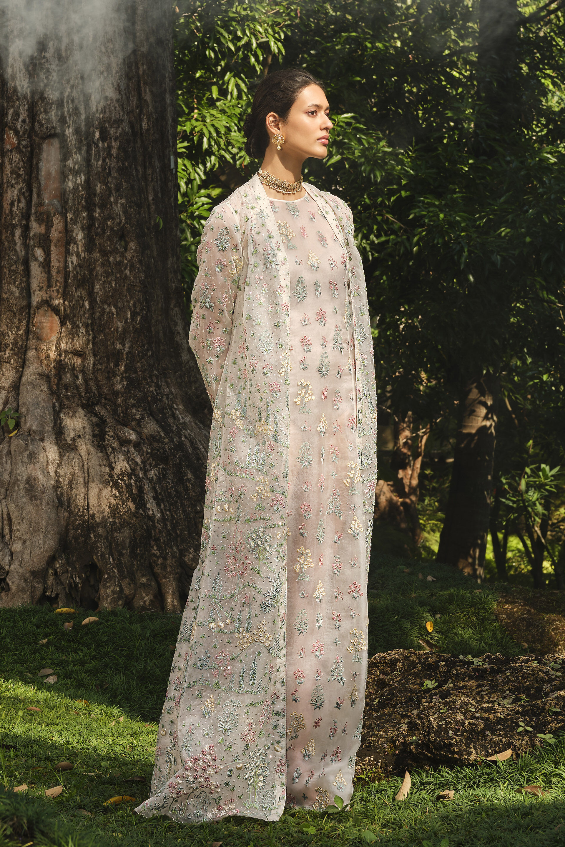 Sequoia Embroidered Silk Jacket Set - Ivory, Ivory, image 3