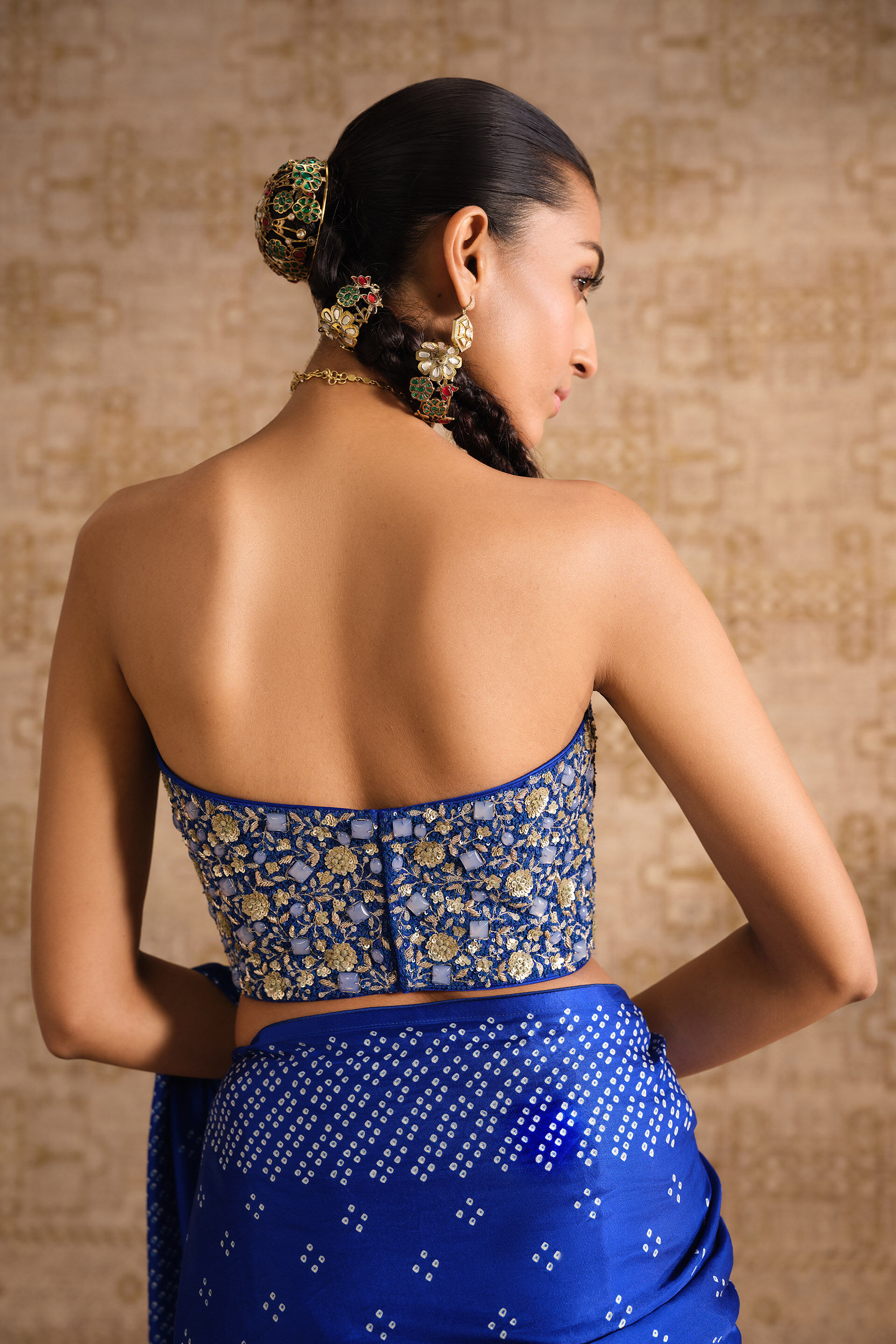 Tarangita Handcrafted Bandhani Fringe Silk Pre-draped Saree - Blue, Blue, image 6