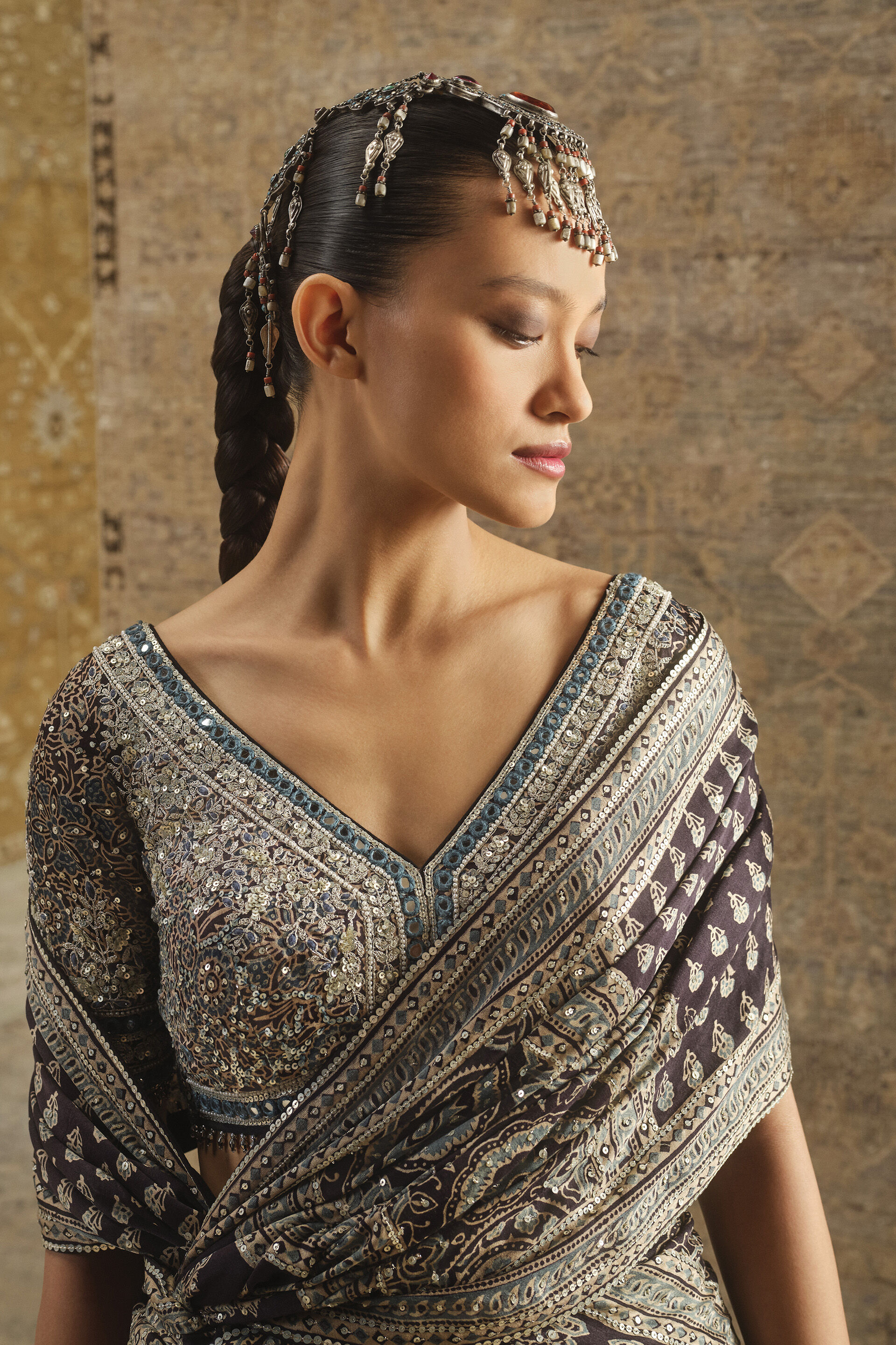 Koyyaro Ajrakh Hand-block Printed Silk Lehenga Set - Black, Black, image 4