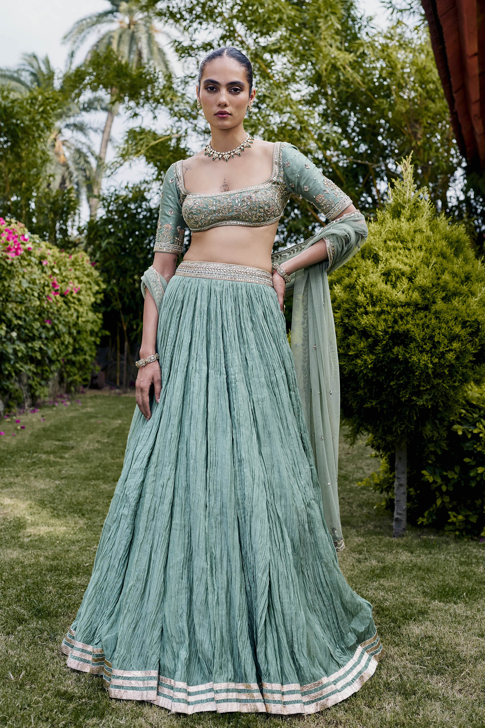 Homeland Gota Patti Mul Lehenga Set - ​Sage, Sage, image 1