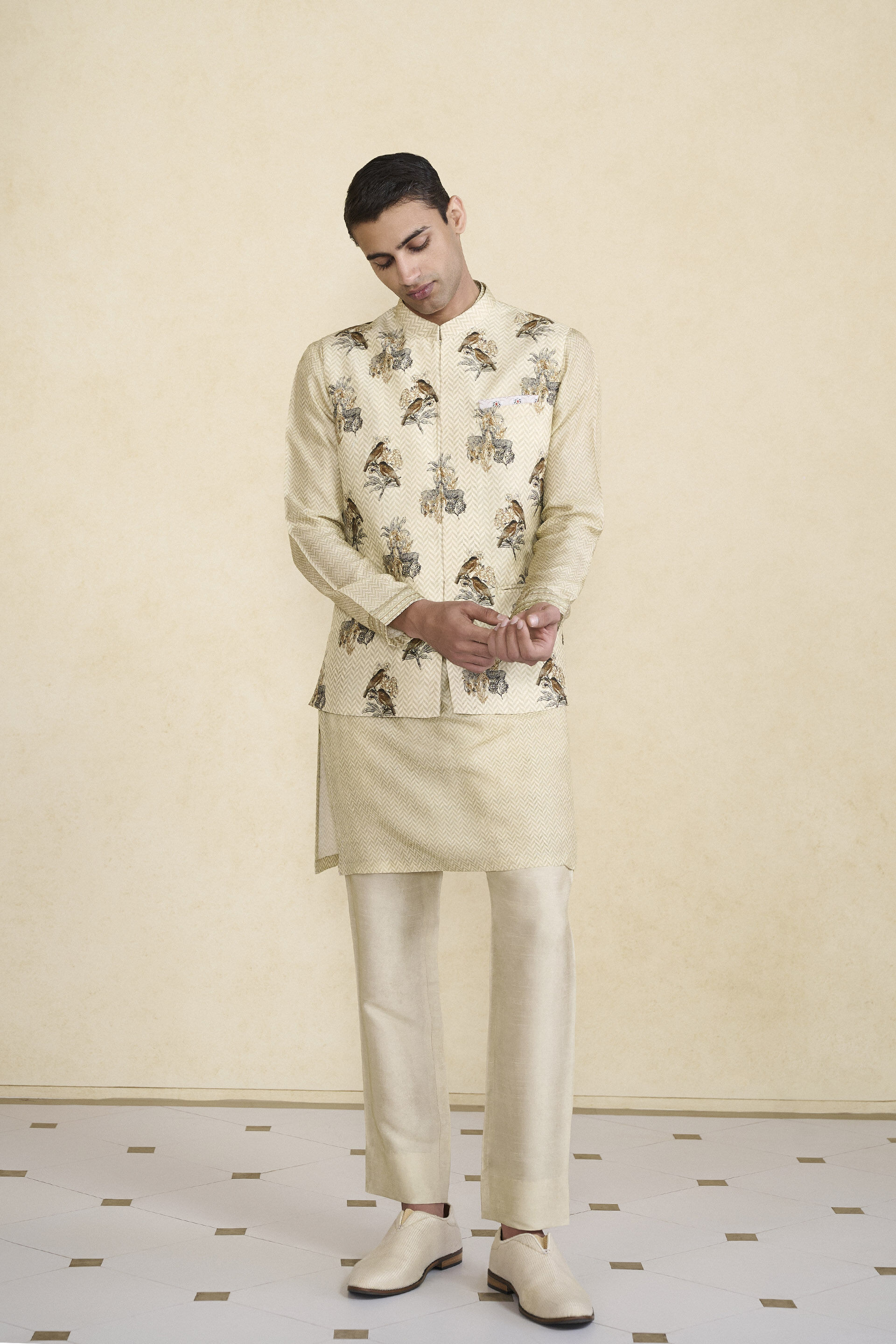 Krushan Printed Silk Nehru Jacket - Beige