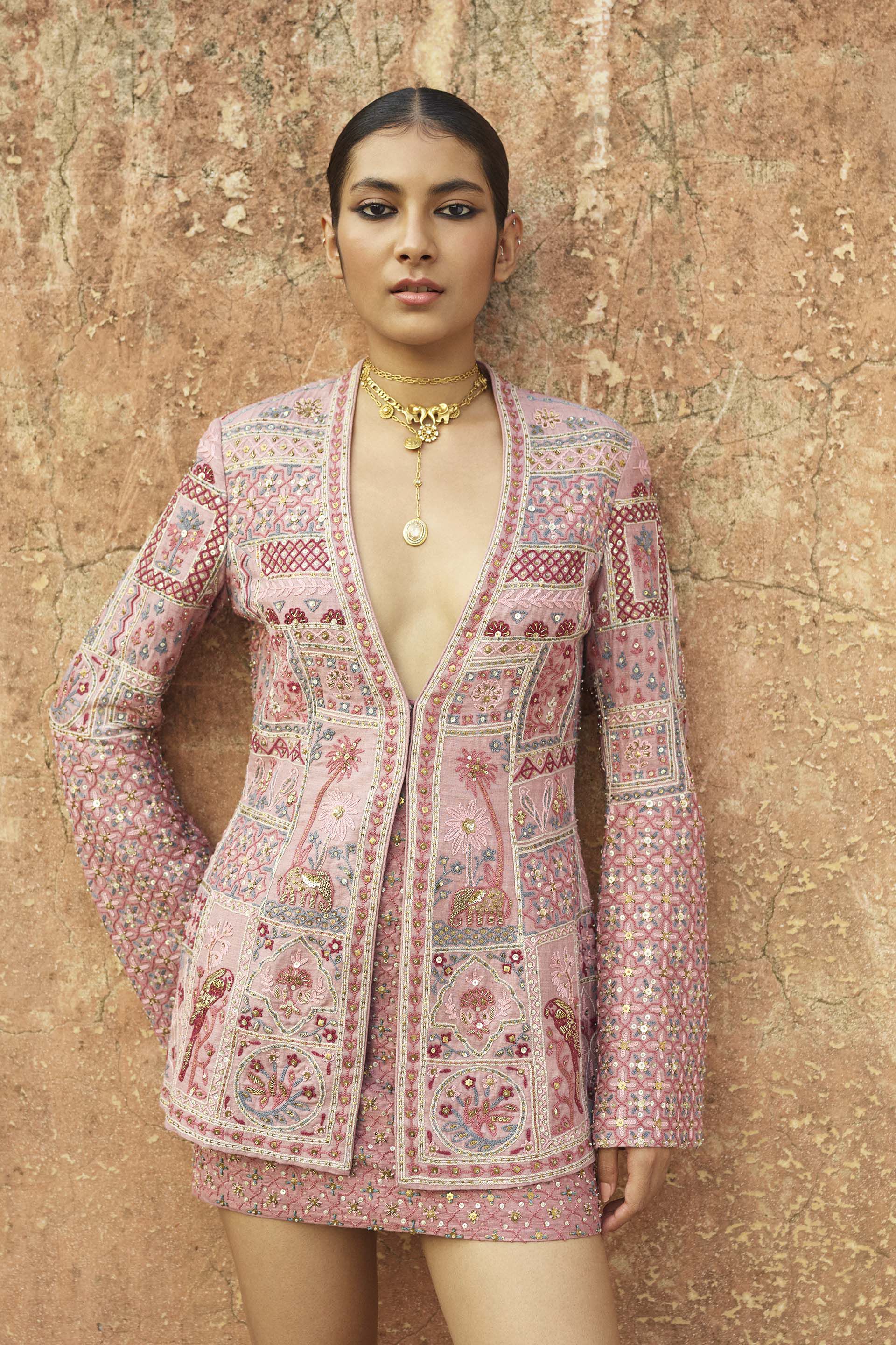 Ballad Of Birds SEWA Hand-embroidered Silk Skirt Set - Old Rose, Old Rose, image 3