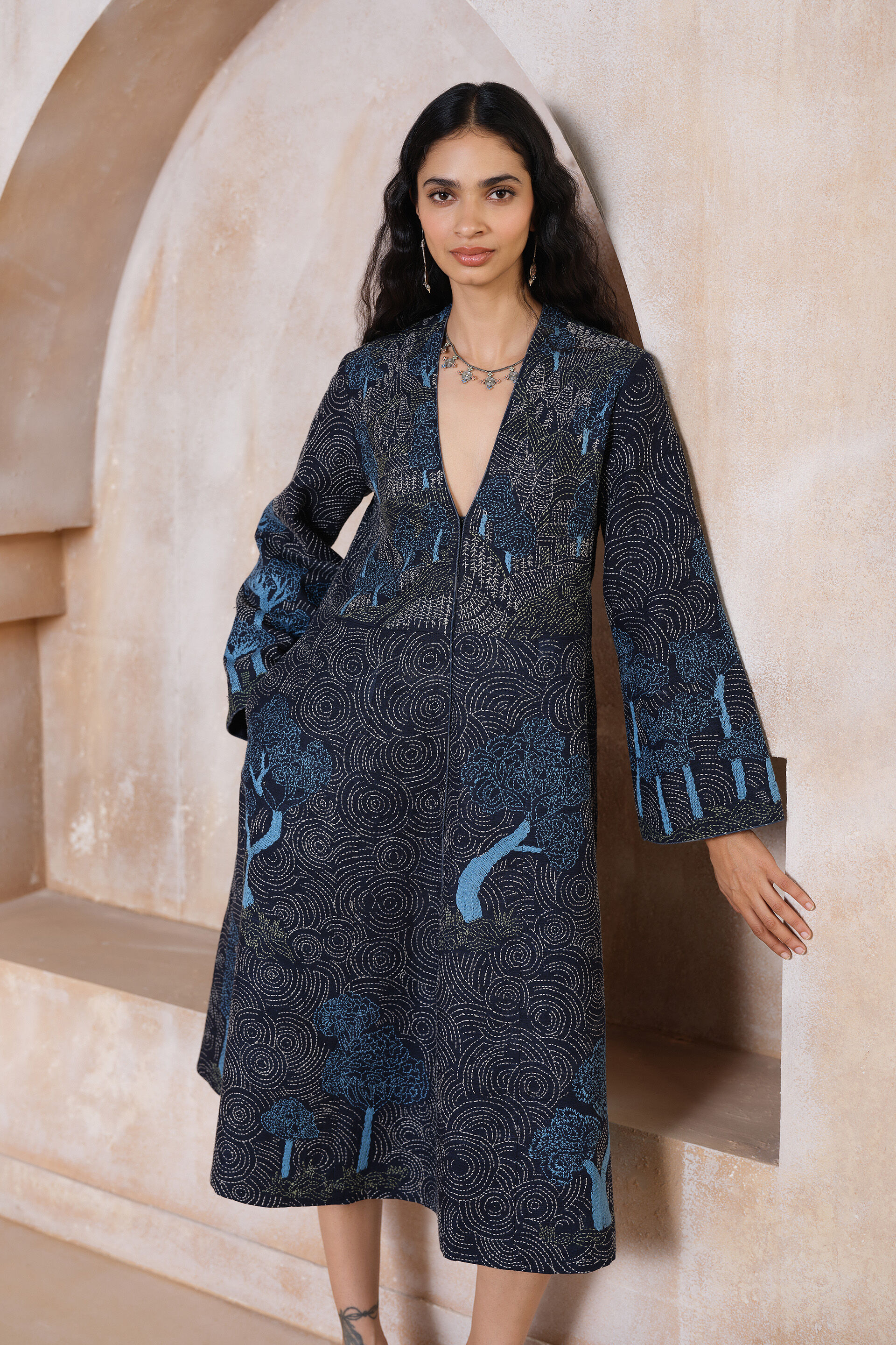 Alvard Hand-embroidered Kantha Silk Dress - Navy, Navy, image 3