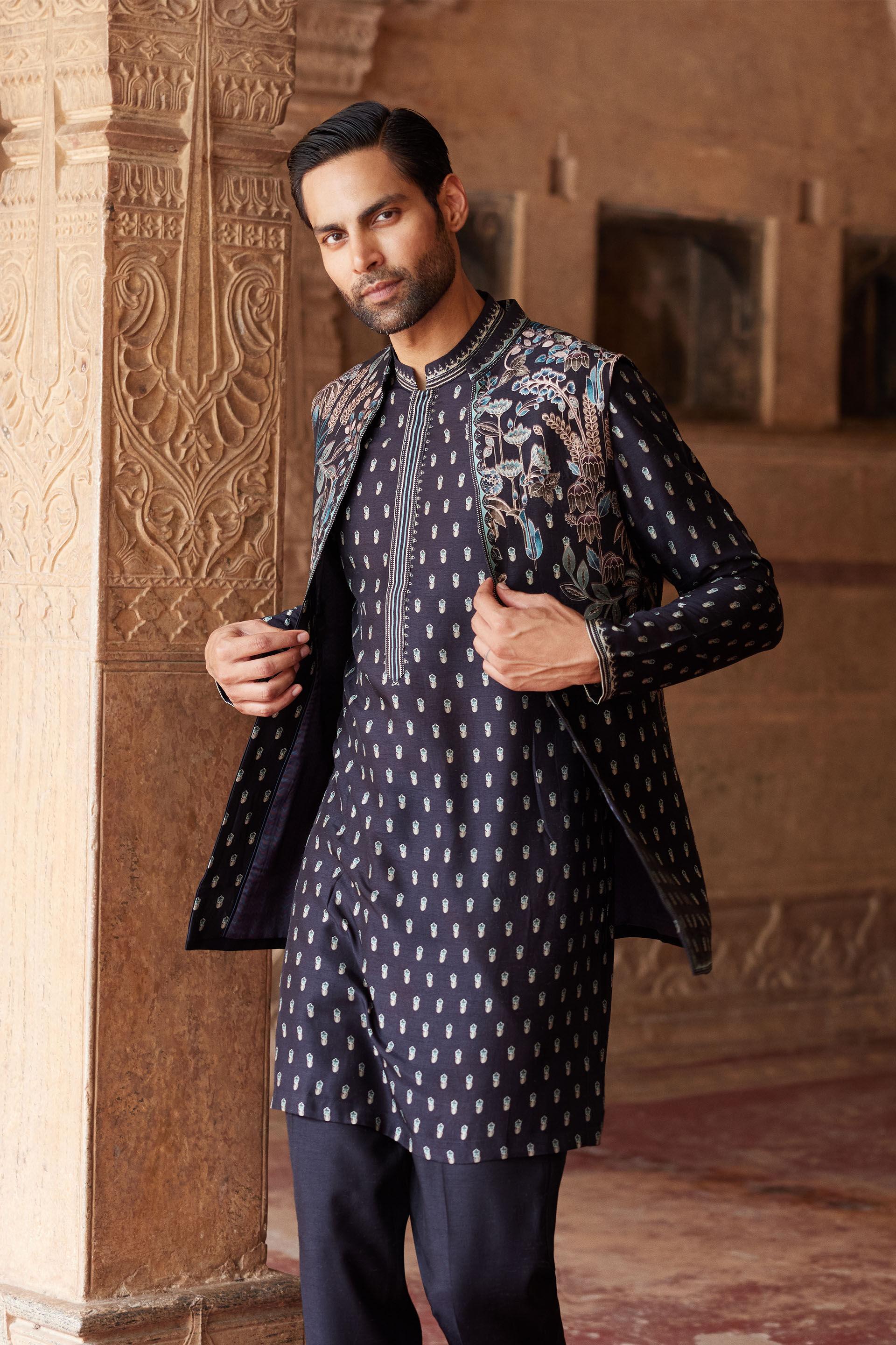 Saamir Printed Silk Nehru Jacket - Black