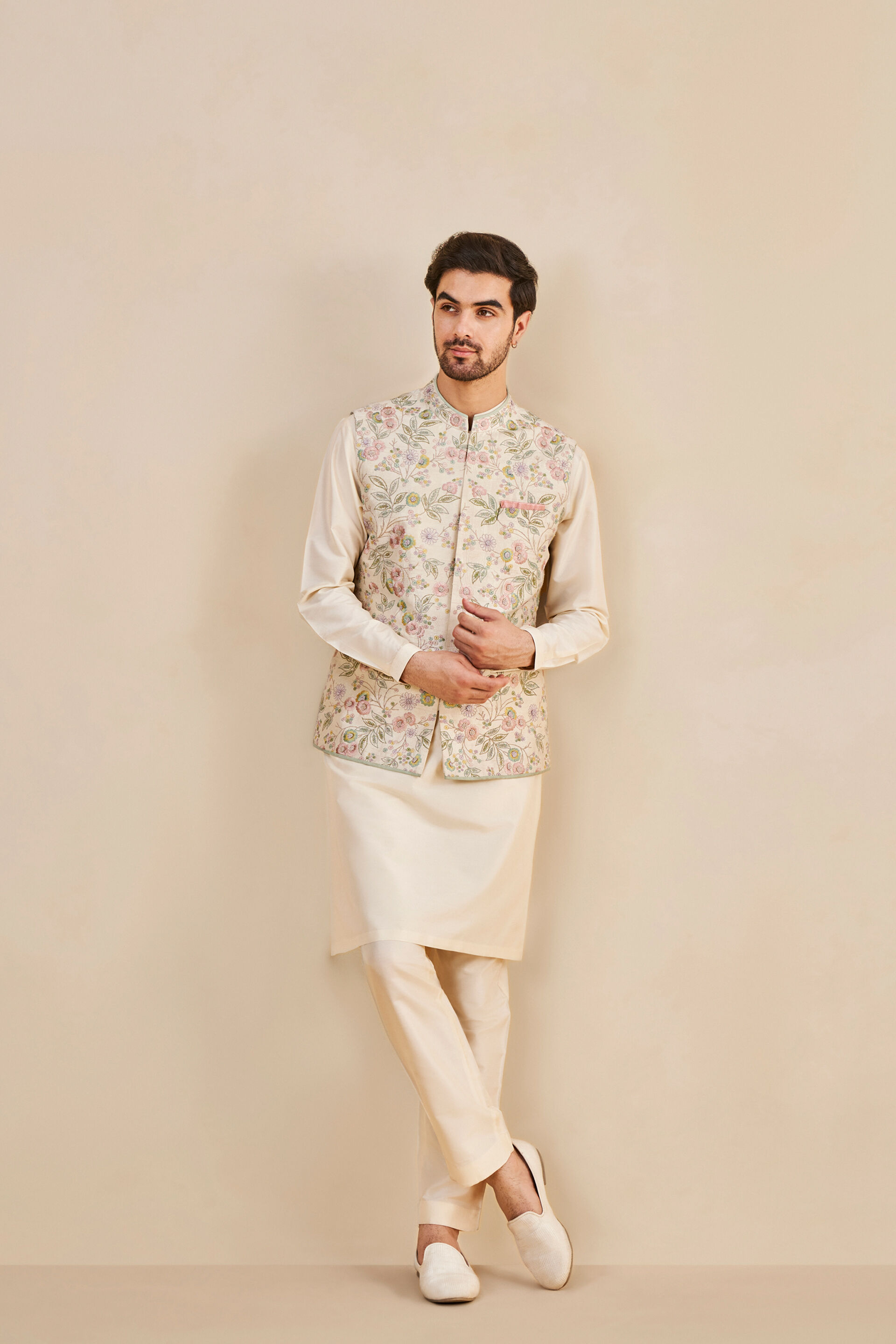 Ishay Embroidered Silk Nehru Jacket - Ivory, Ivory, image 1