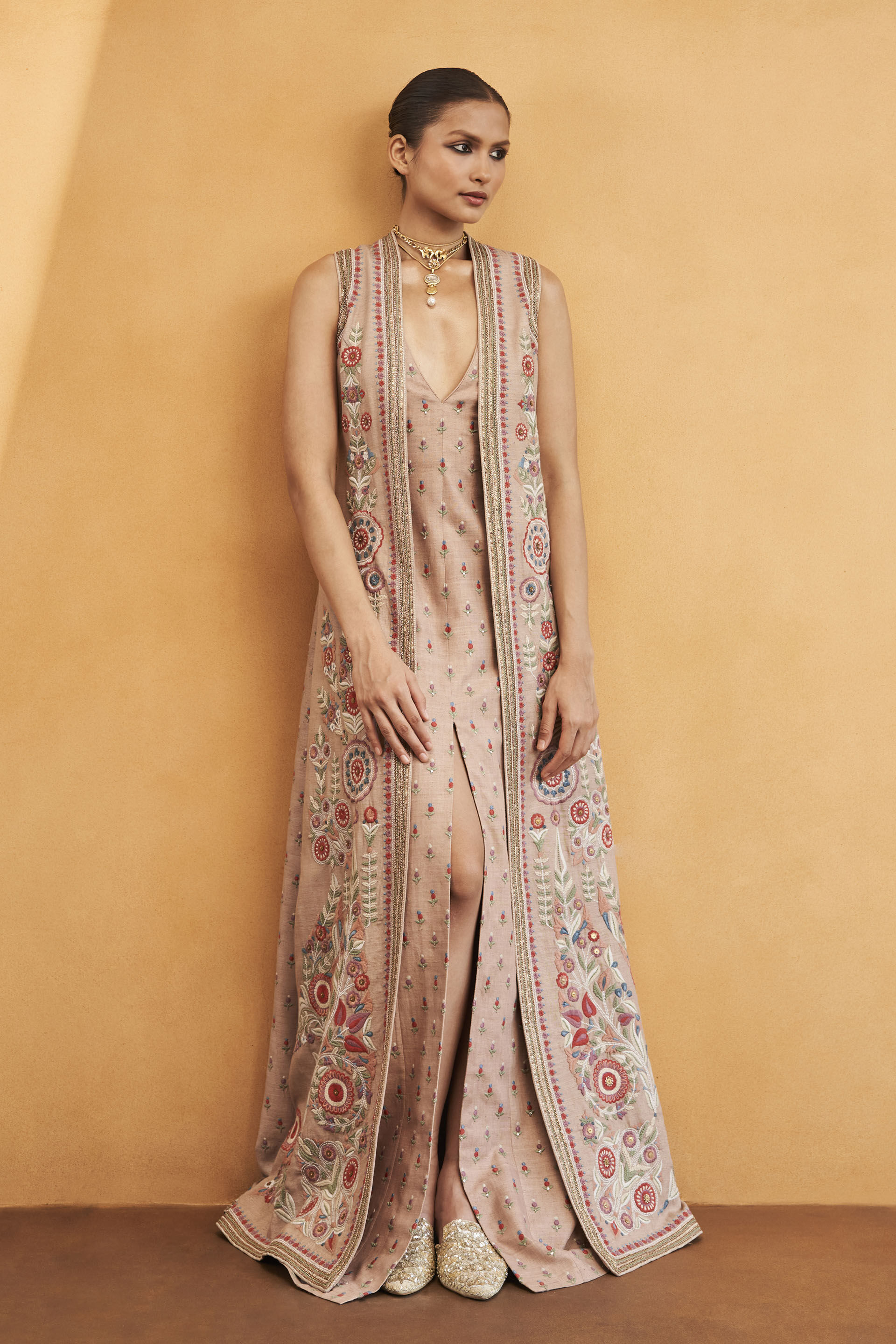 Symphony Of Flowers Embroidered Zardozi Silk Jacket Set - Hazelnut