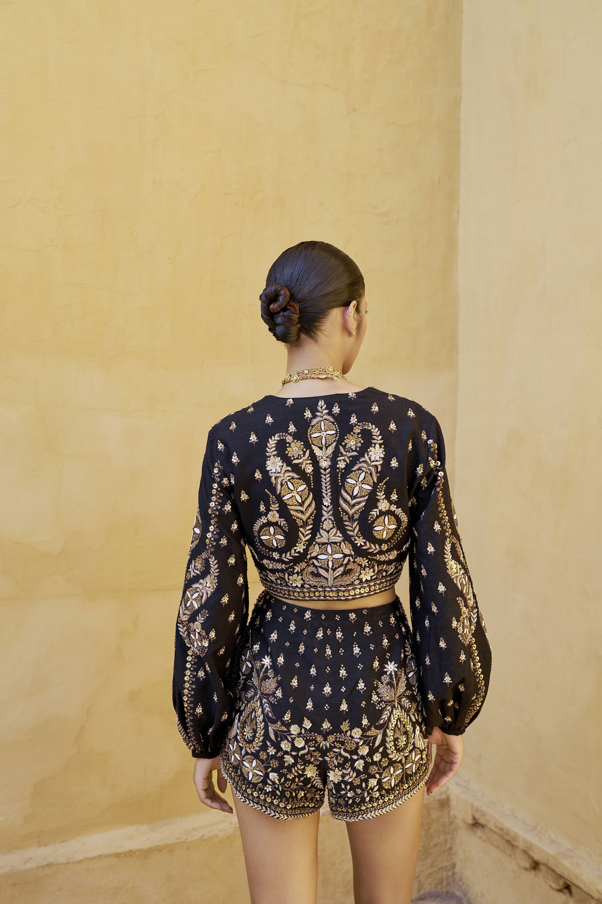 Into The Wilderness Embroidered Zardozi Silk Shorts Set - Black, Black, image 5