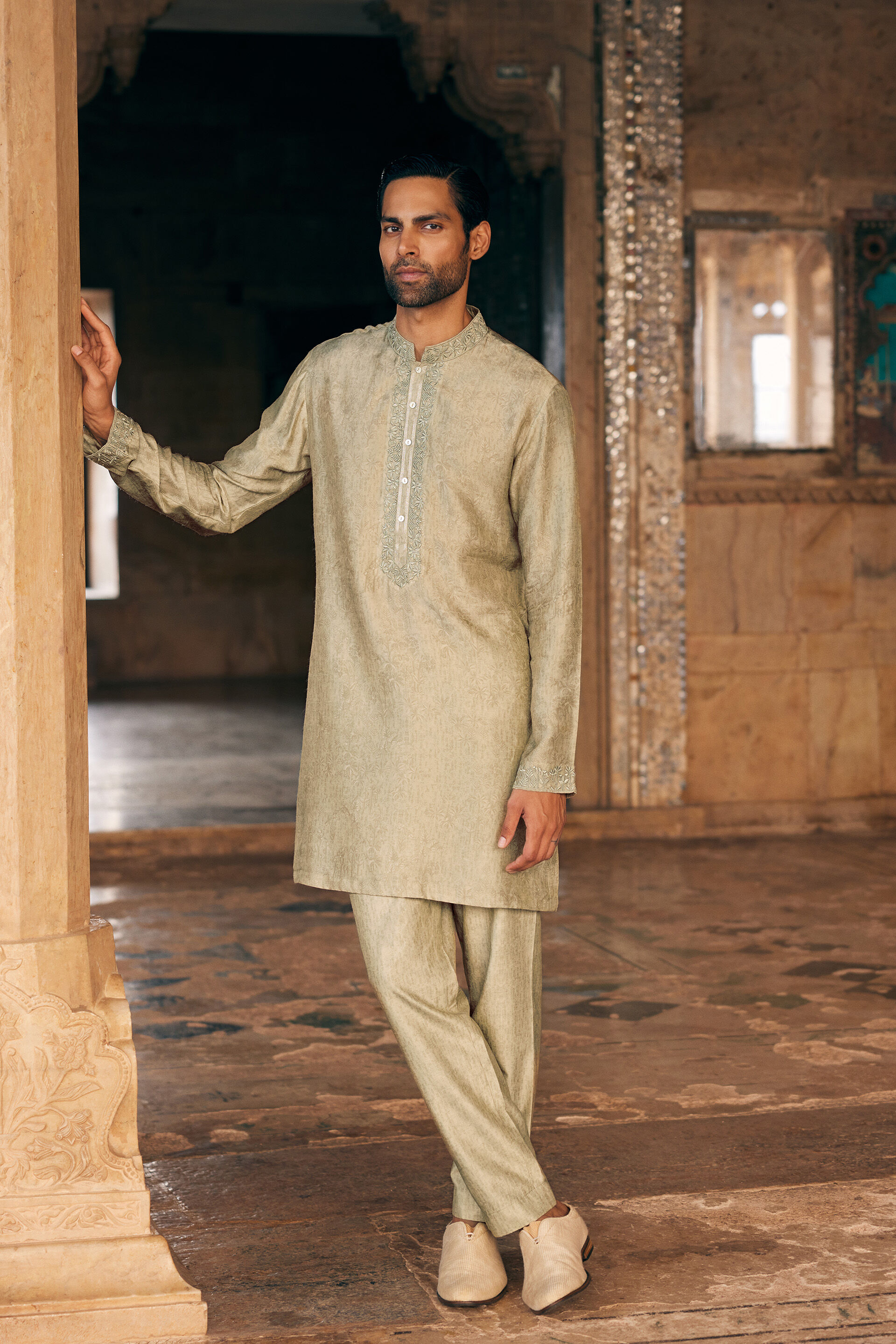 Hiranmay Printed Silk Kurta - Sage, Sage, image 1