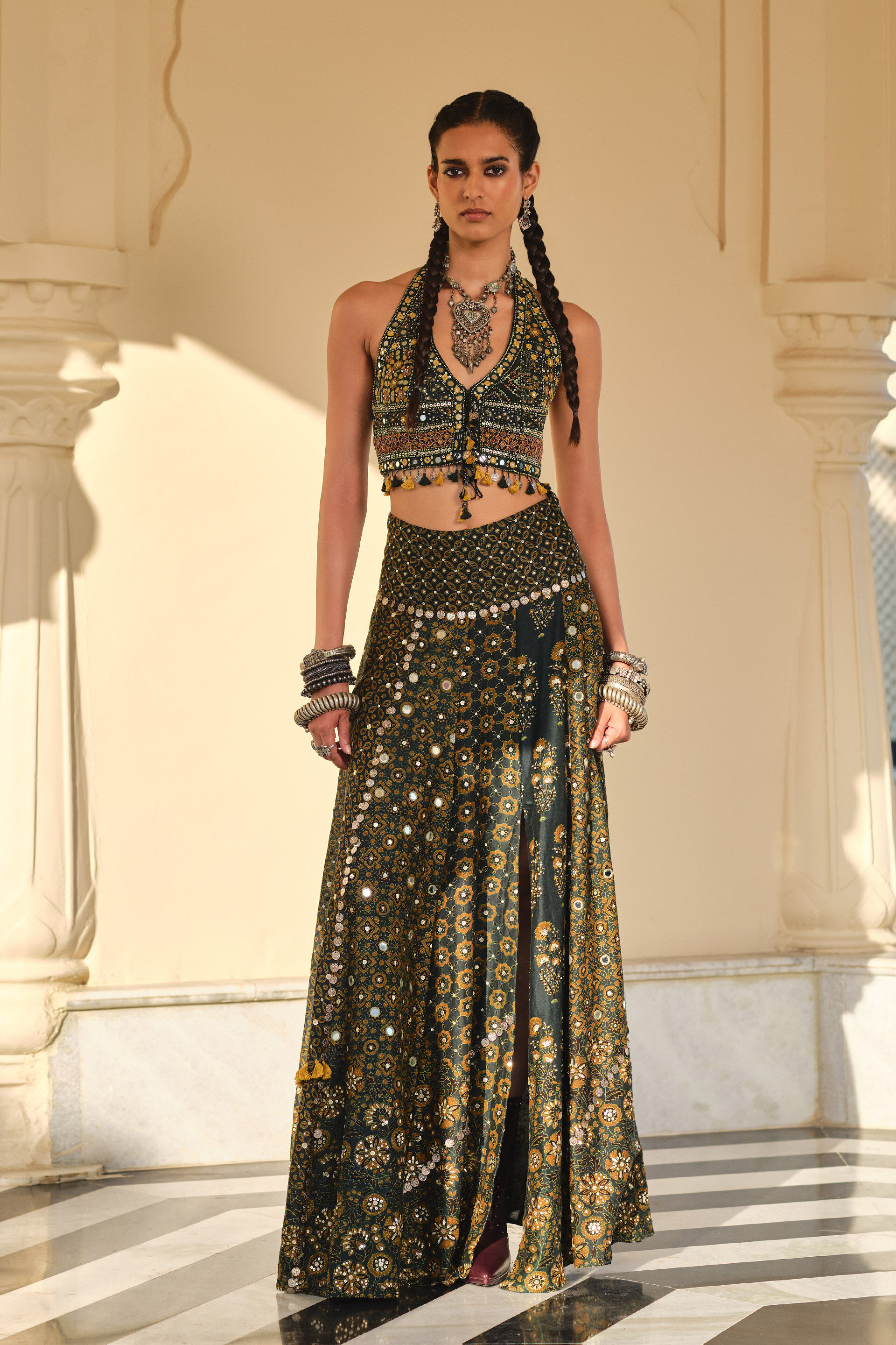 Storyteller Green Mirror Embroidered Ajrakh Slit Skirt Set