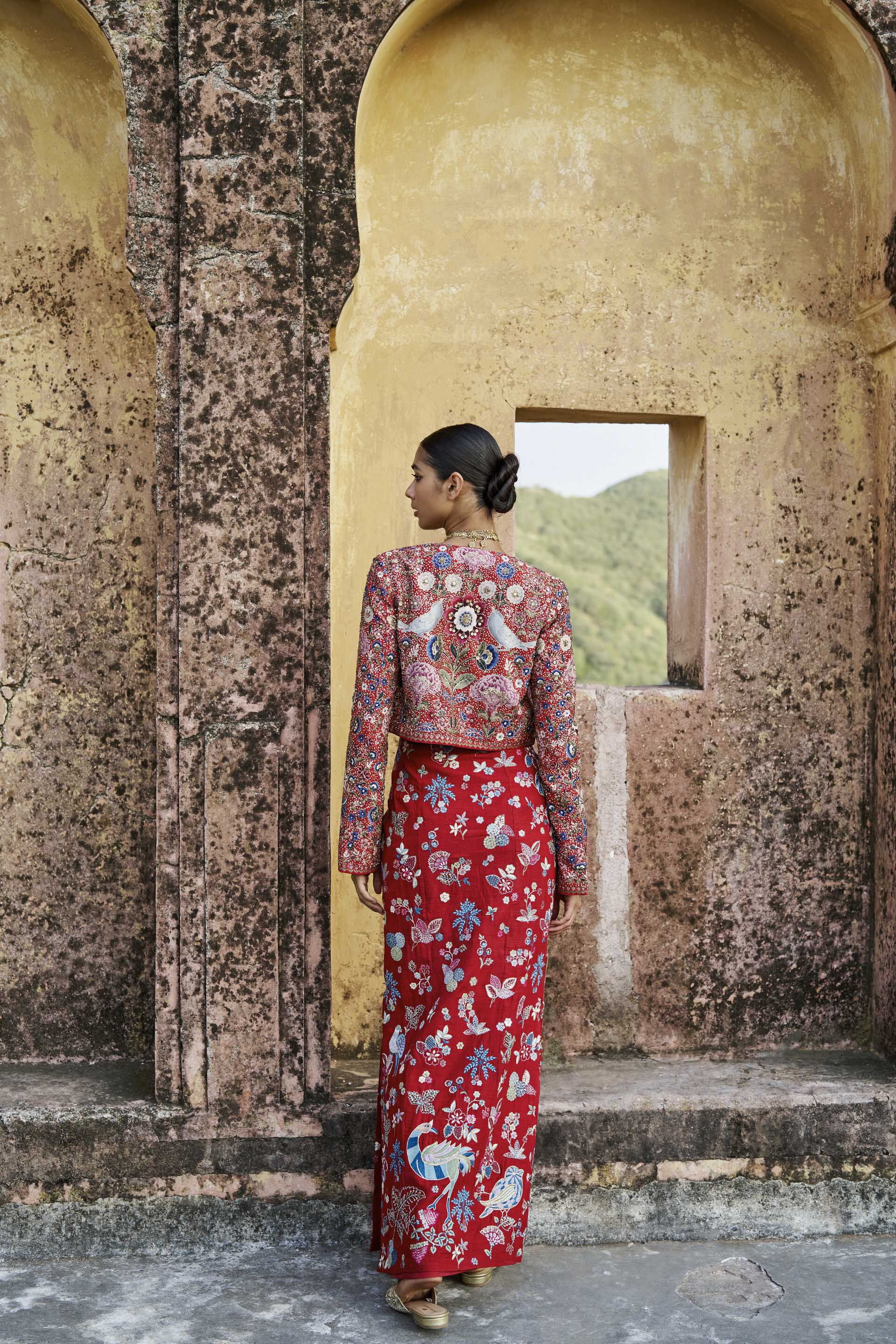 Flame Of The Forest Embroidered Zardozi Silk Skirt Set - Red