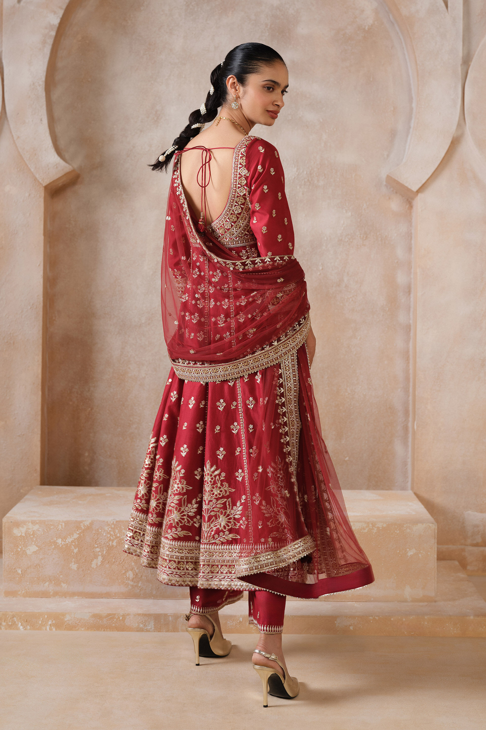 Triyama Embroidered Silk Anarkali Set - Red