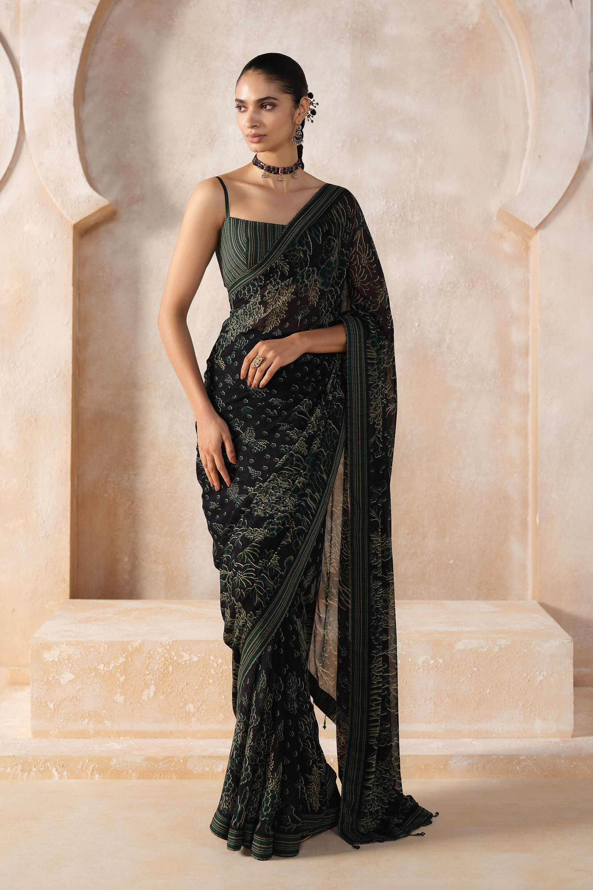 Tanairi Chiffon Saree - Black, Black, image 1