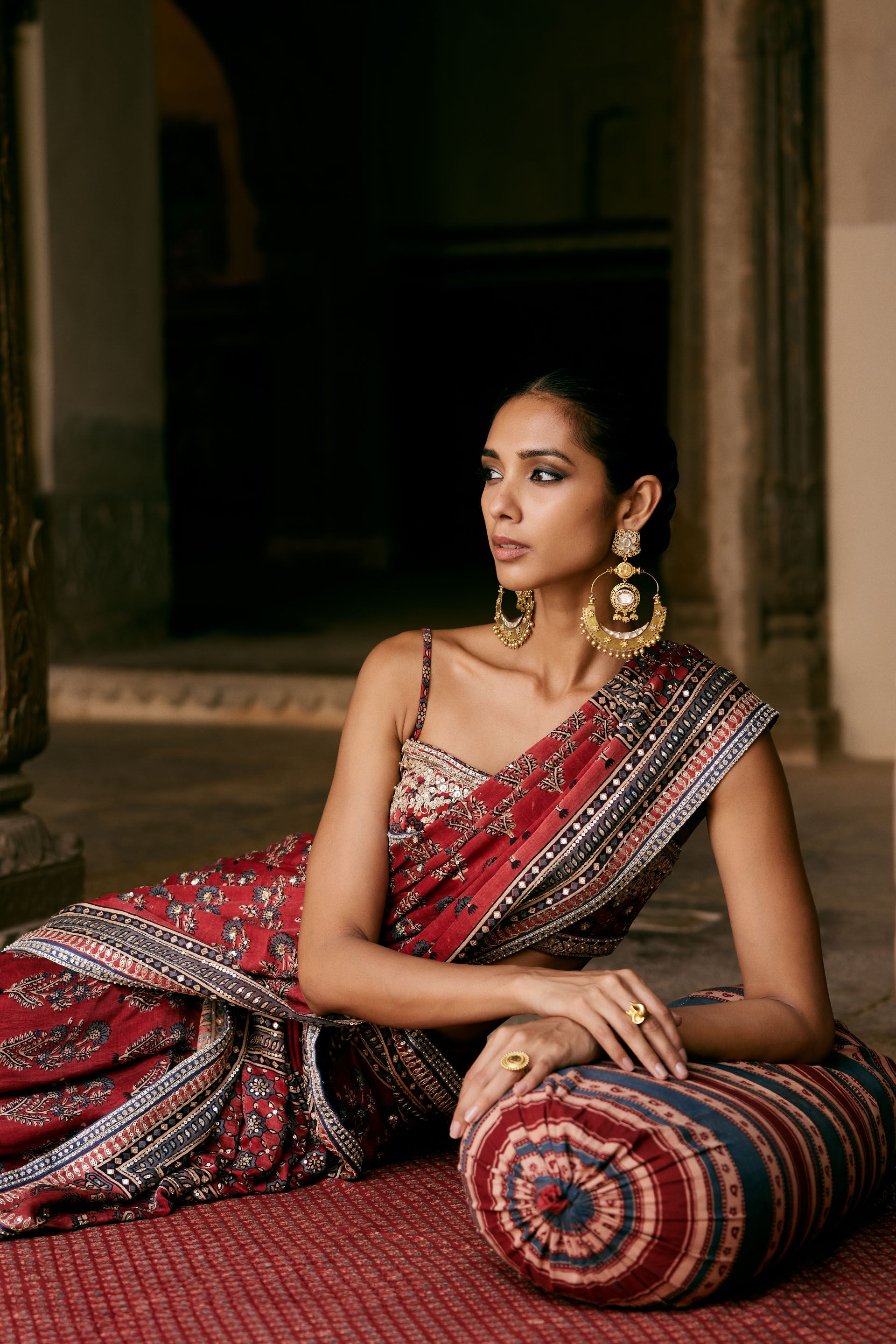 Saaj Ajrakh Hand-block Printed Silk Saree - Red, Red, image 11