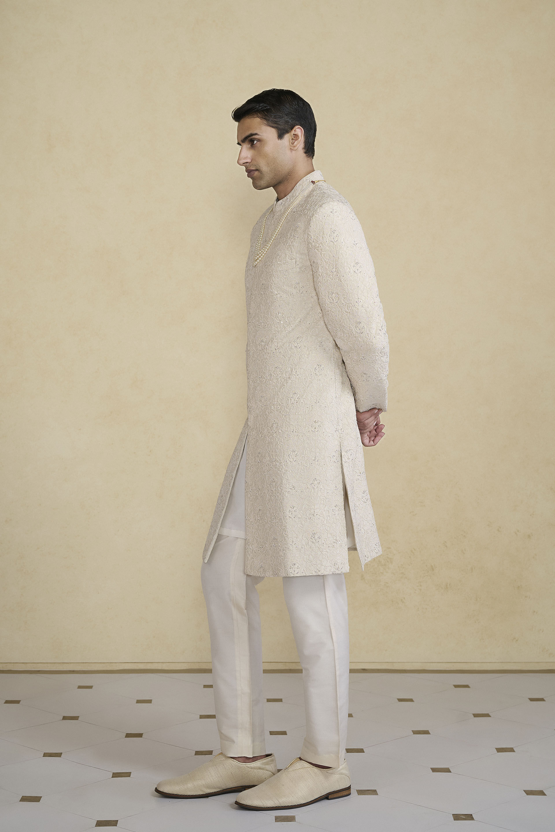 Lokit Hand-embroidered Silk Sherwani - Ivory, Ivory, image 3