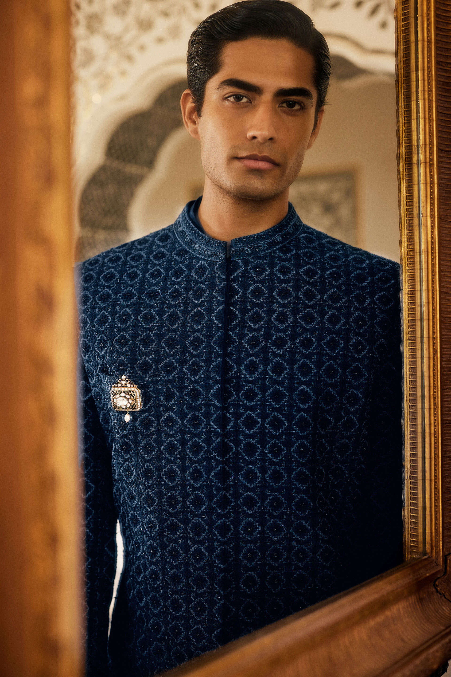 Javaid Embroidered Silk Sherwani - Navy, Navy, image 3