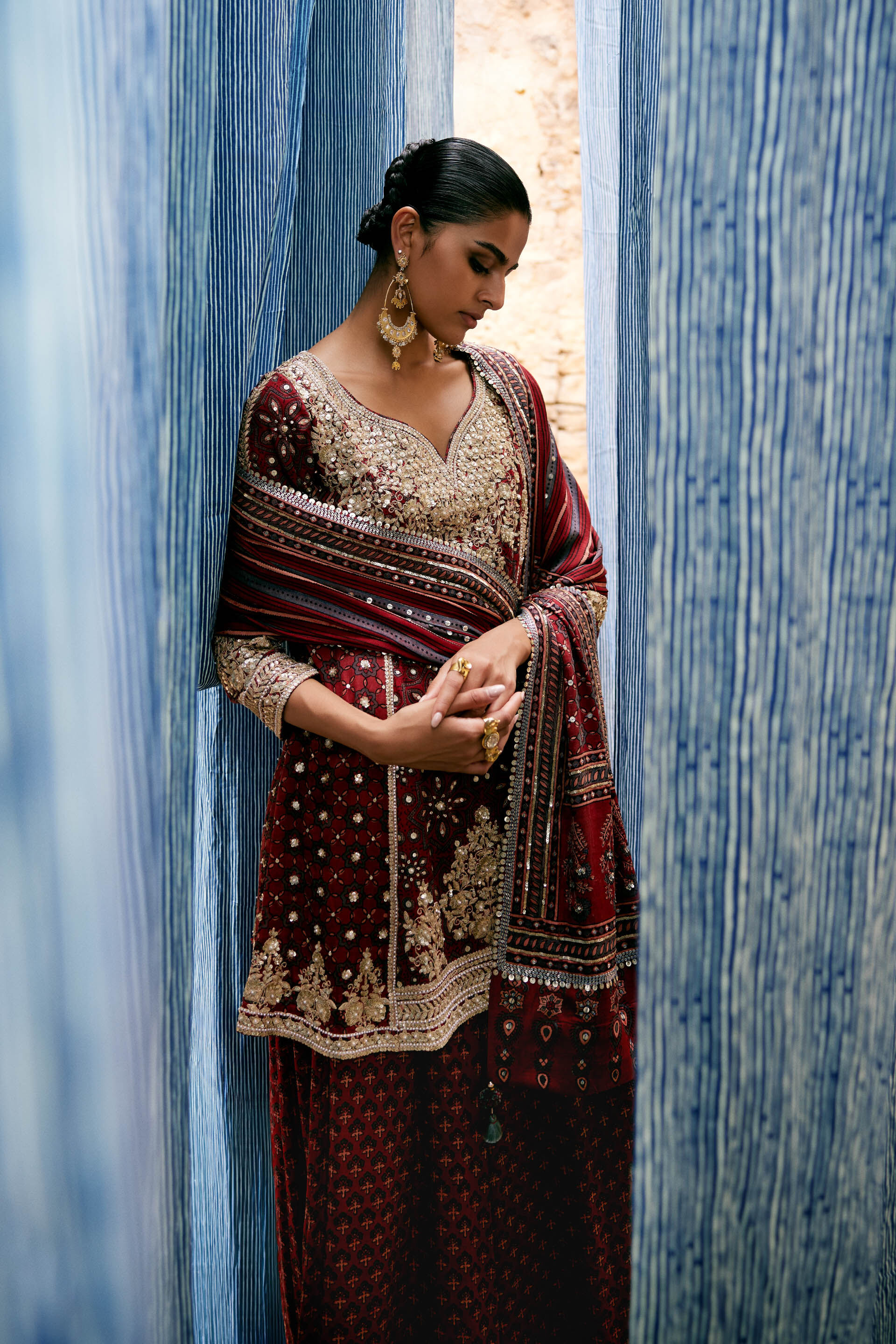 Kirsa Ajrakh Hand-block Printed Silk Sharara Set - Red, Red, image 2