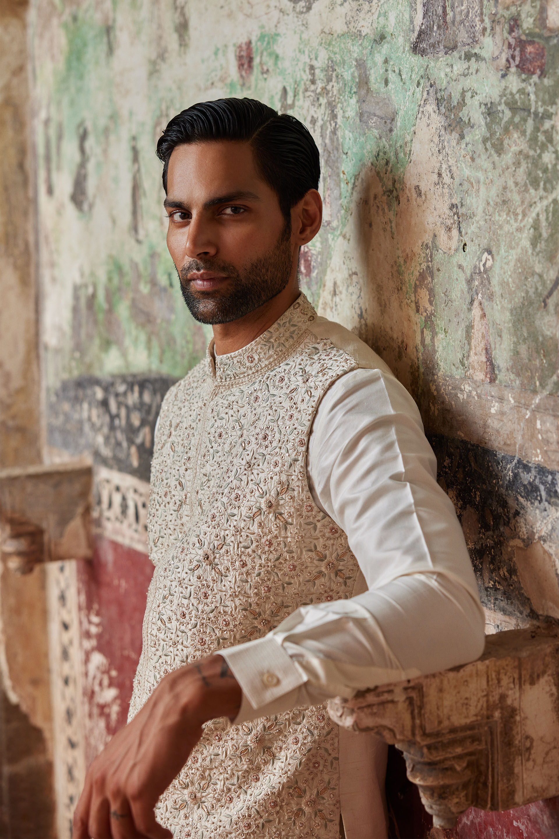Suwayd Embroidered Silk Nehru Jacket - Ivory, Ivory, image 4