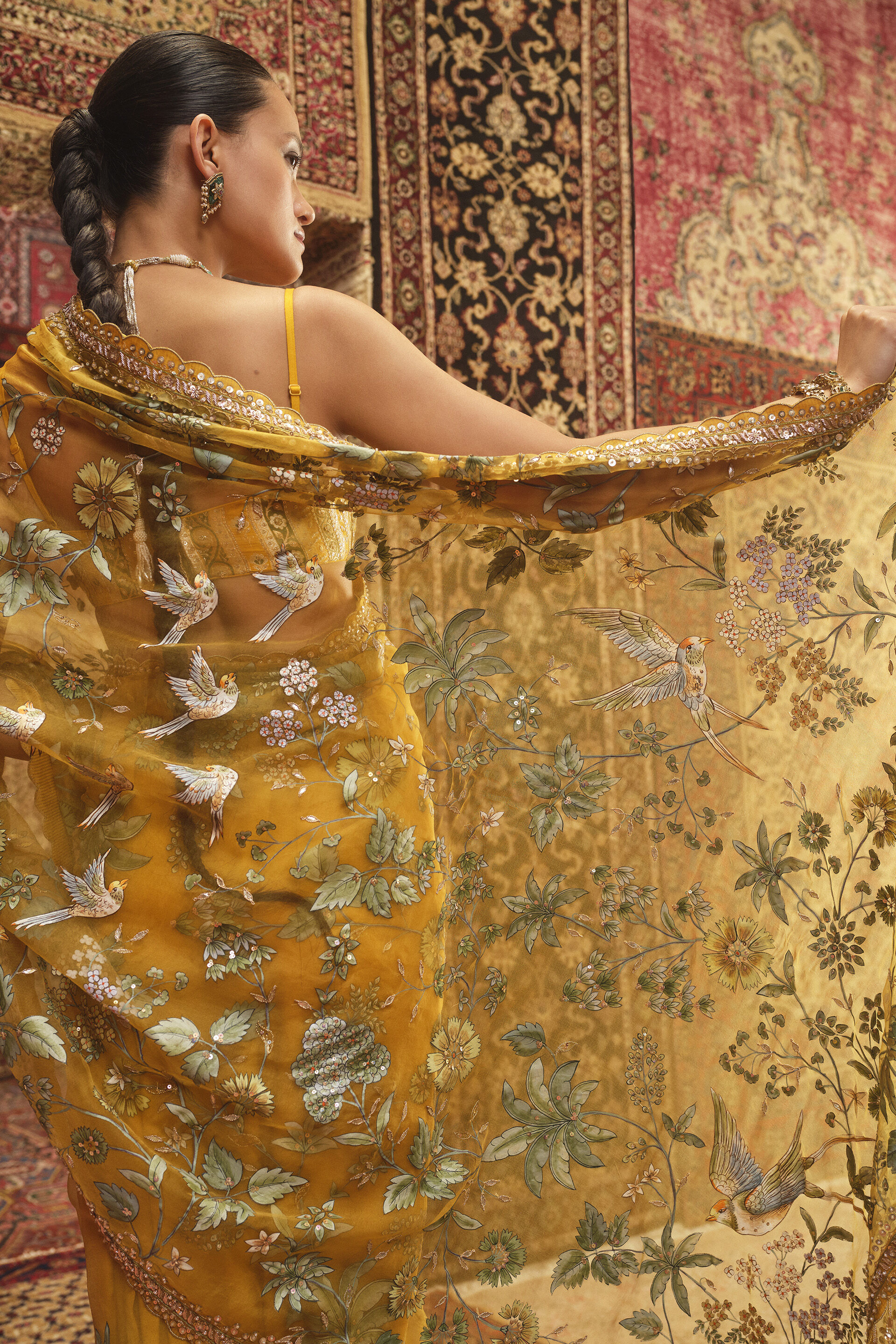 Nisarga Hand-painted Pichhwai Silk Saree - Mustard