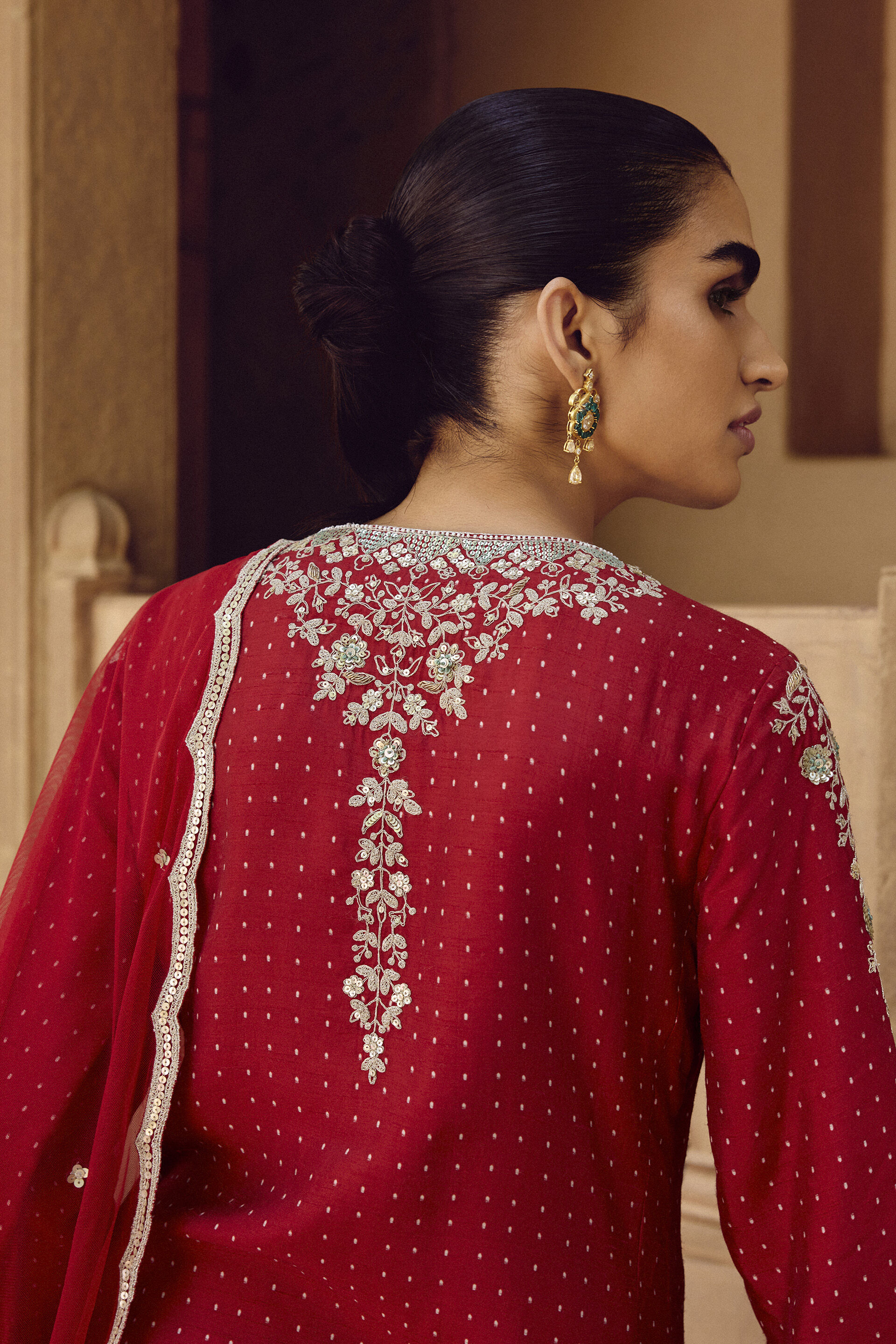 Sindhura Embroidered Silk Short Suit Set - Red, Red, image 5