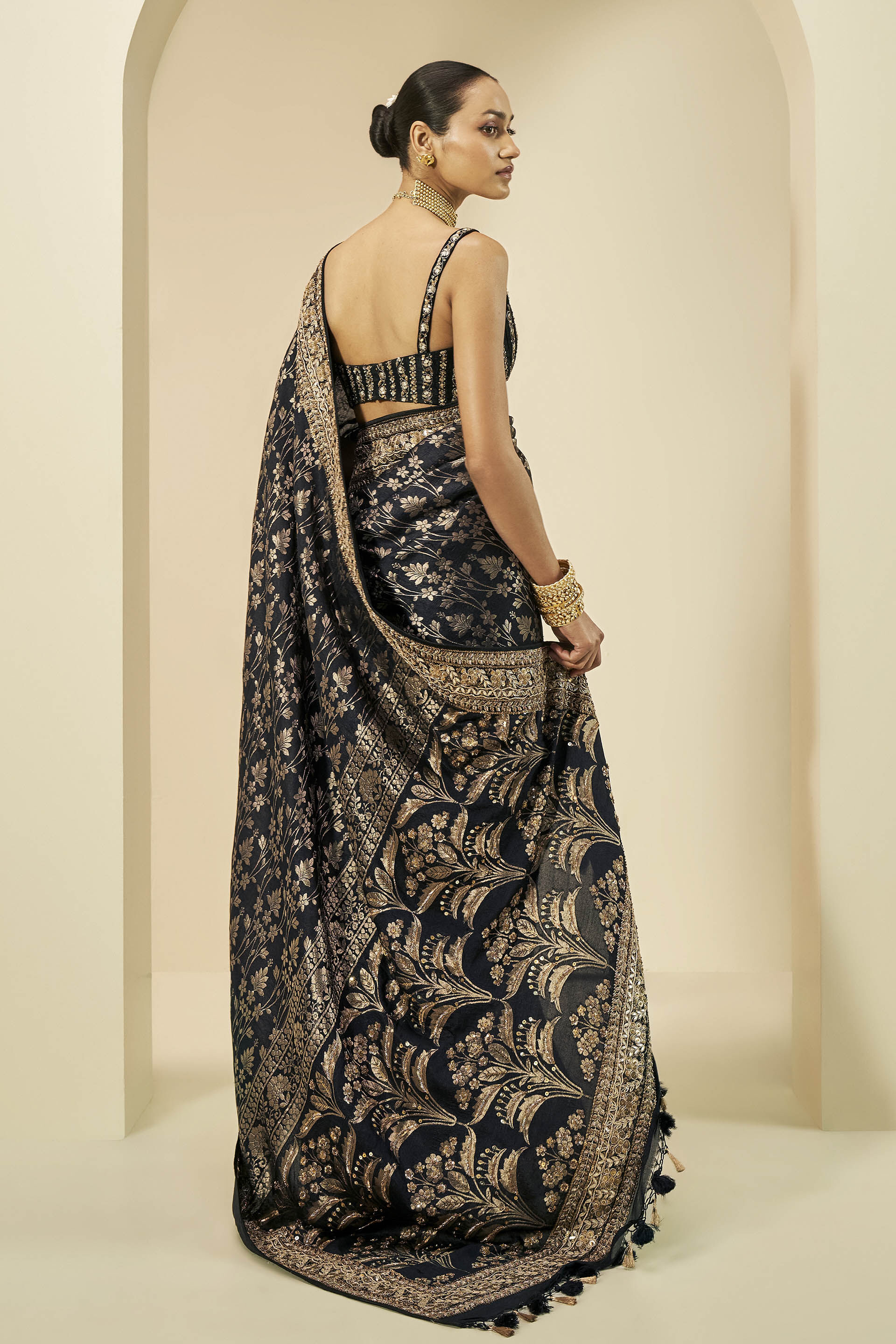 Gleaming Forest Benarasi Silk Embroidered Saree, Black, image 3