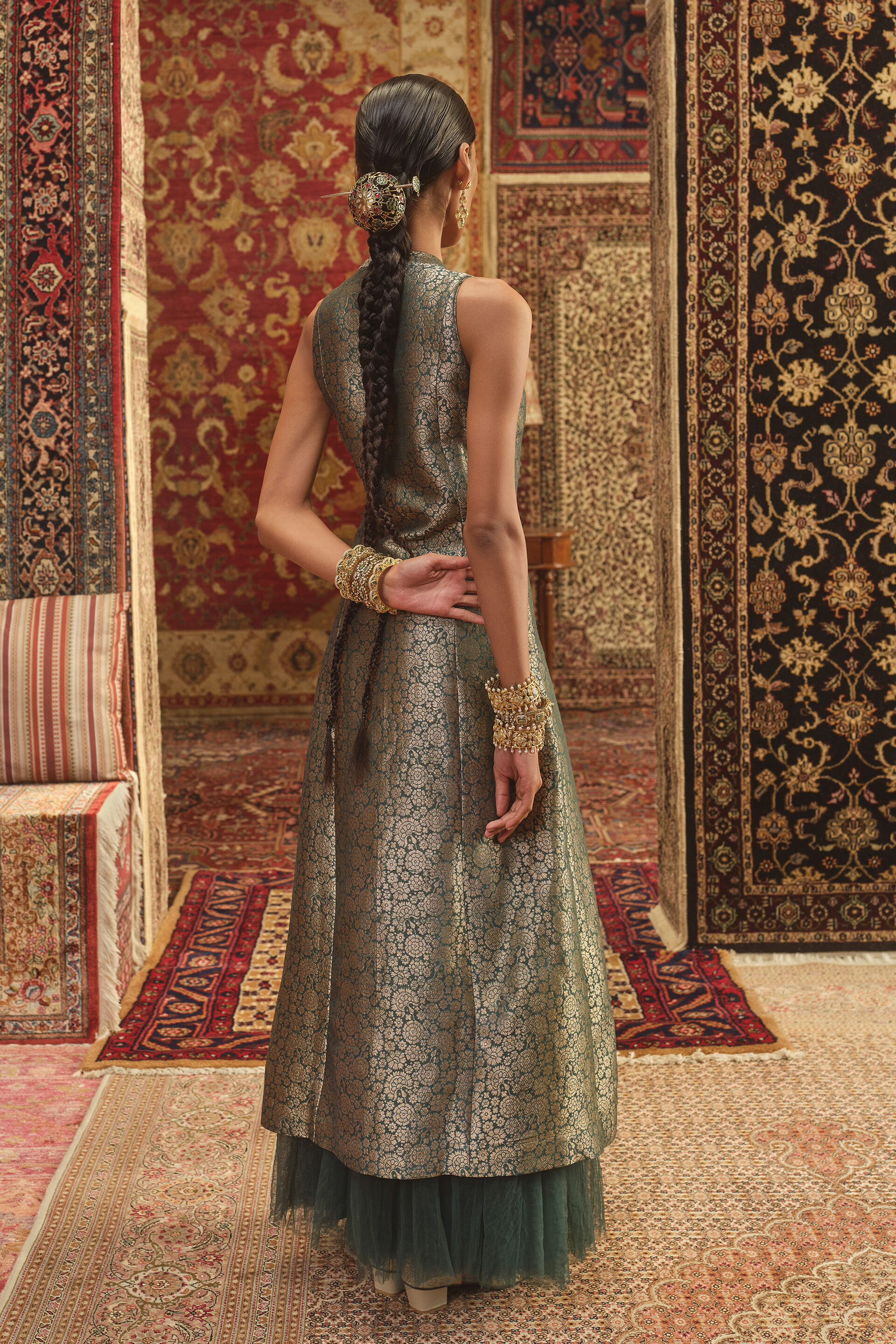 Uttanka Handwoven Benarasi Silk Jacket Set - Green, Green, image 3