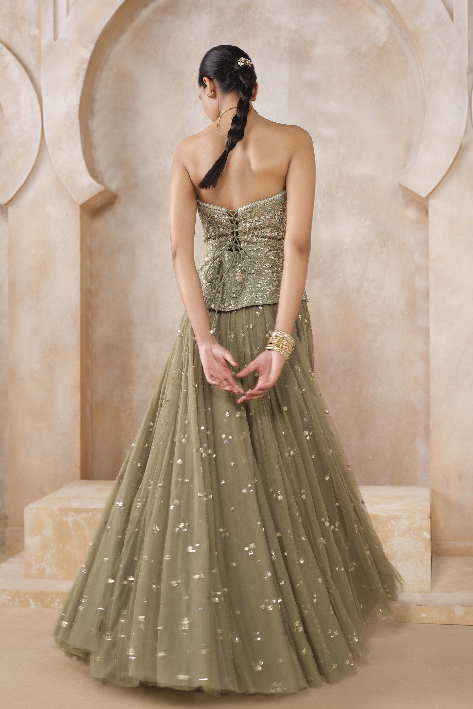 Ishra Gota PattI Skirt Set - Sage Green