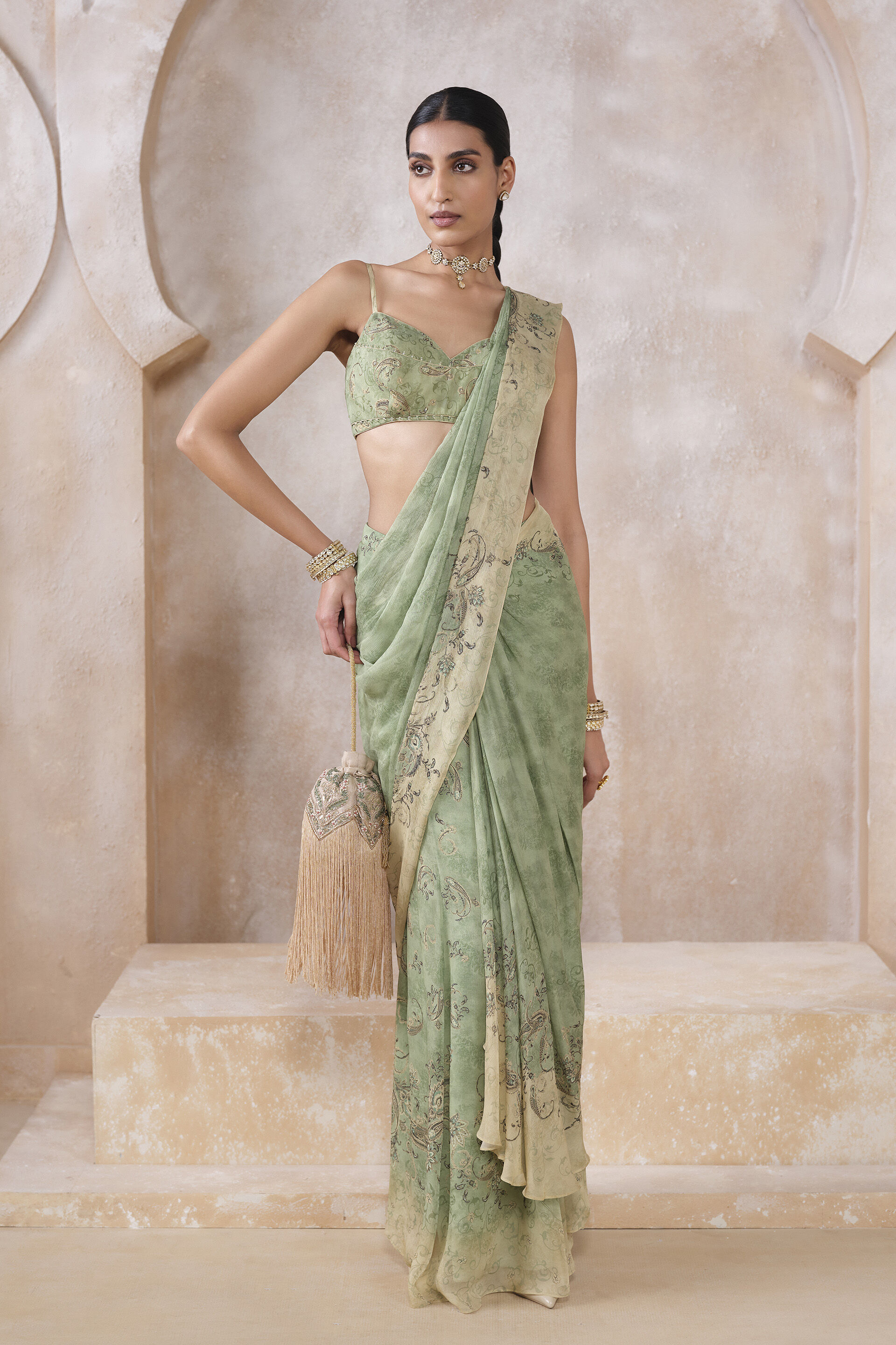 Lizbet Sequin Chiffon Pre-draped Saree - Green