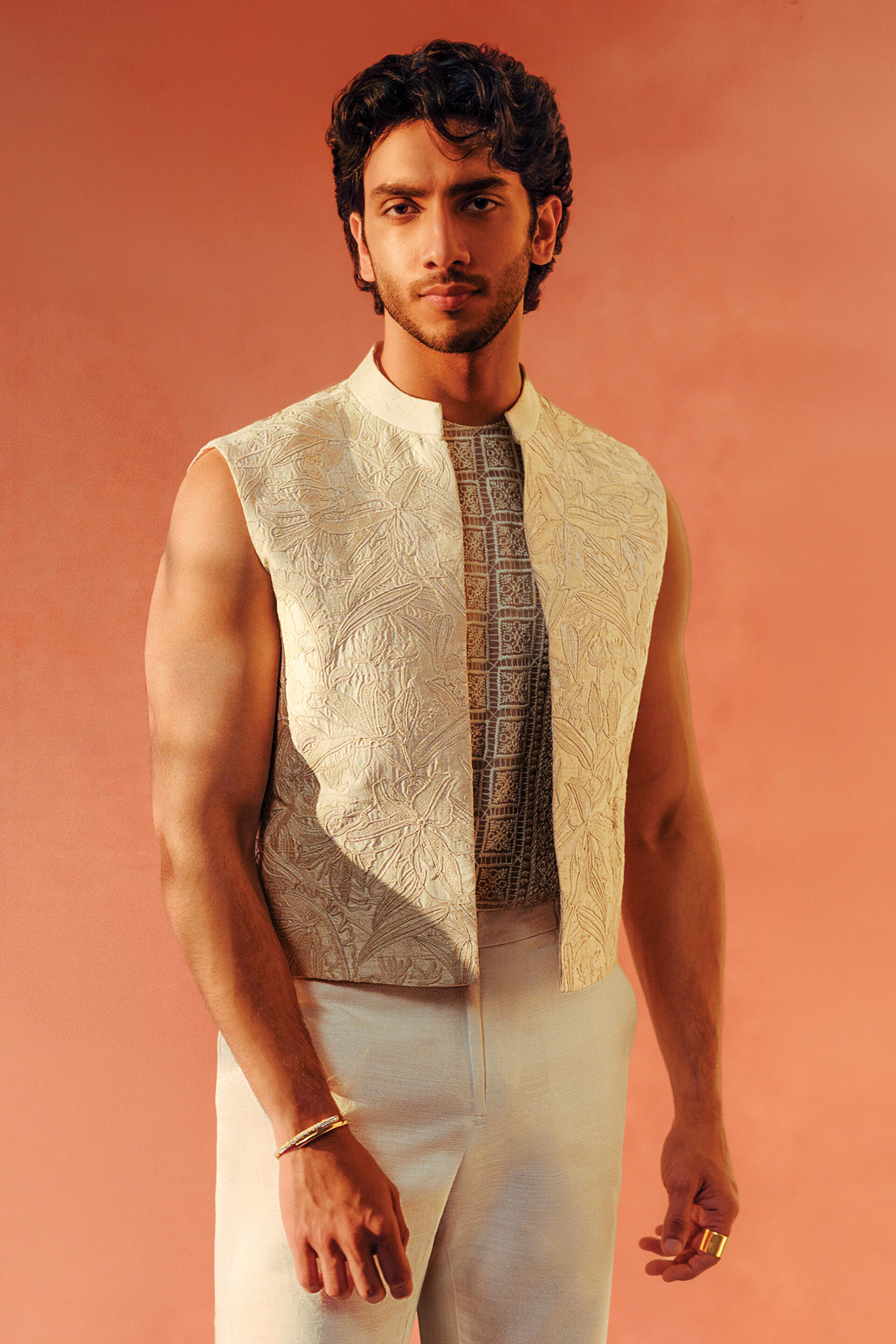 Fintan Embroidered Cord Silk Jacket Set - Ivory, , image 1