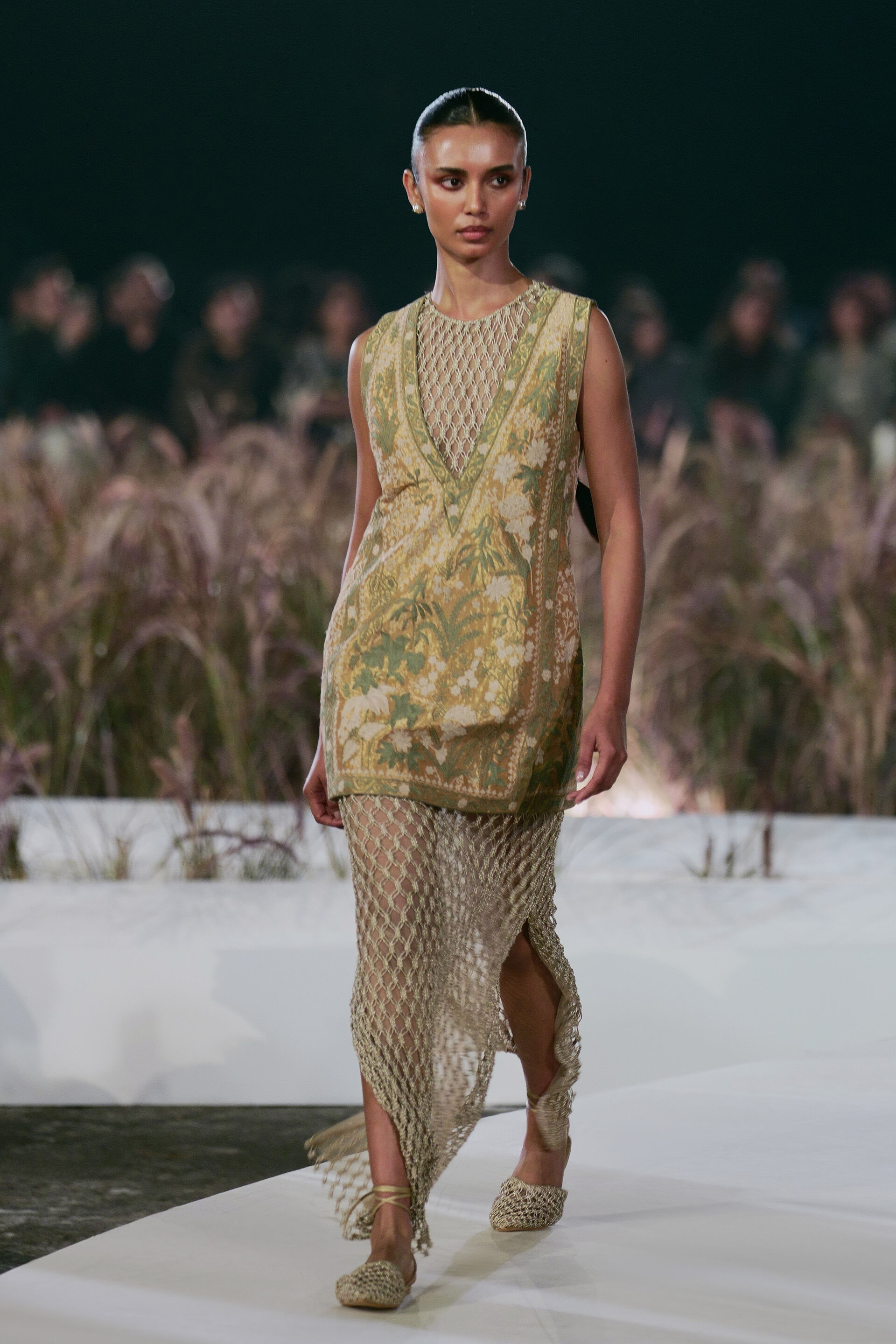 Zephyria Macrame & Embroidered Cord Gown Set - Gold, Gold, image 1