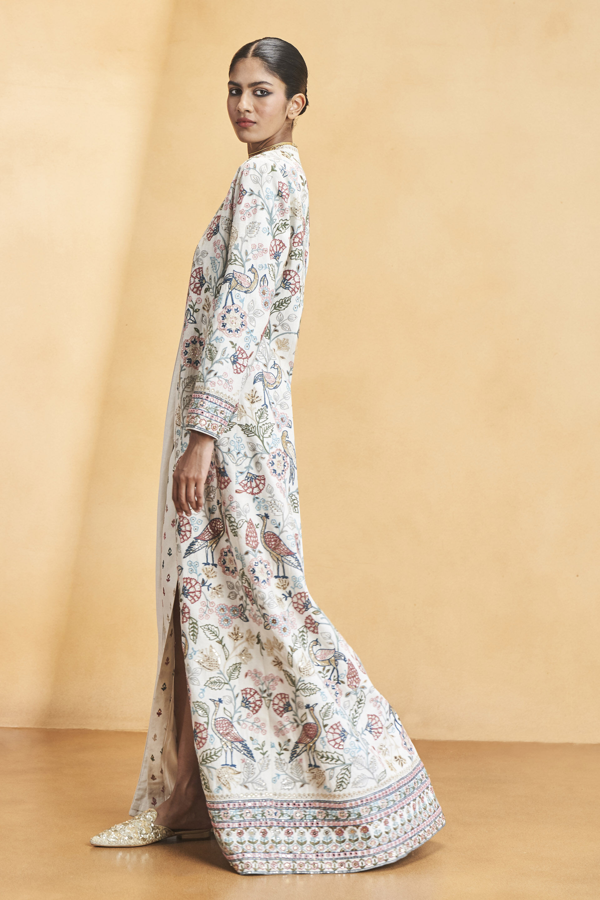 Paradise Of Flowers SEWA Hand-embroidered Silk Overlayer Set - Cream, Cream, image 5