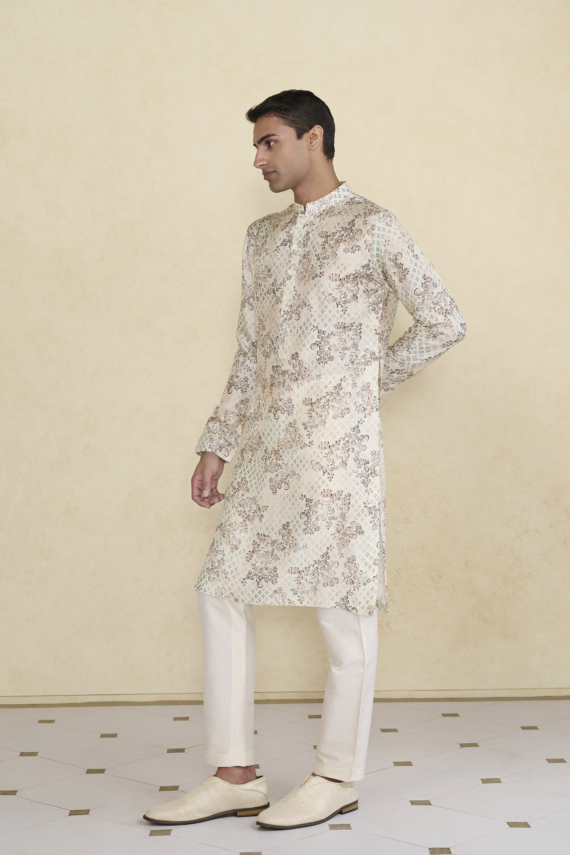 Rukham Printed Silk Kurta - Ivory, Ivory, image 3