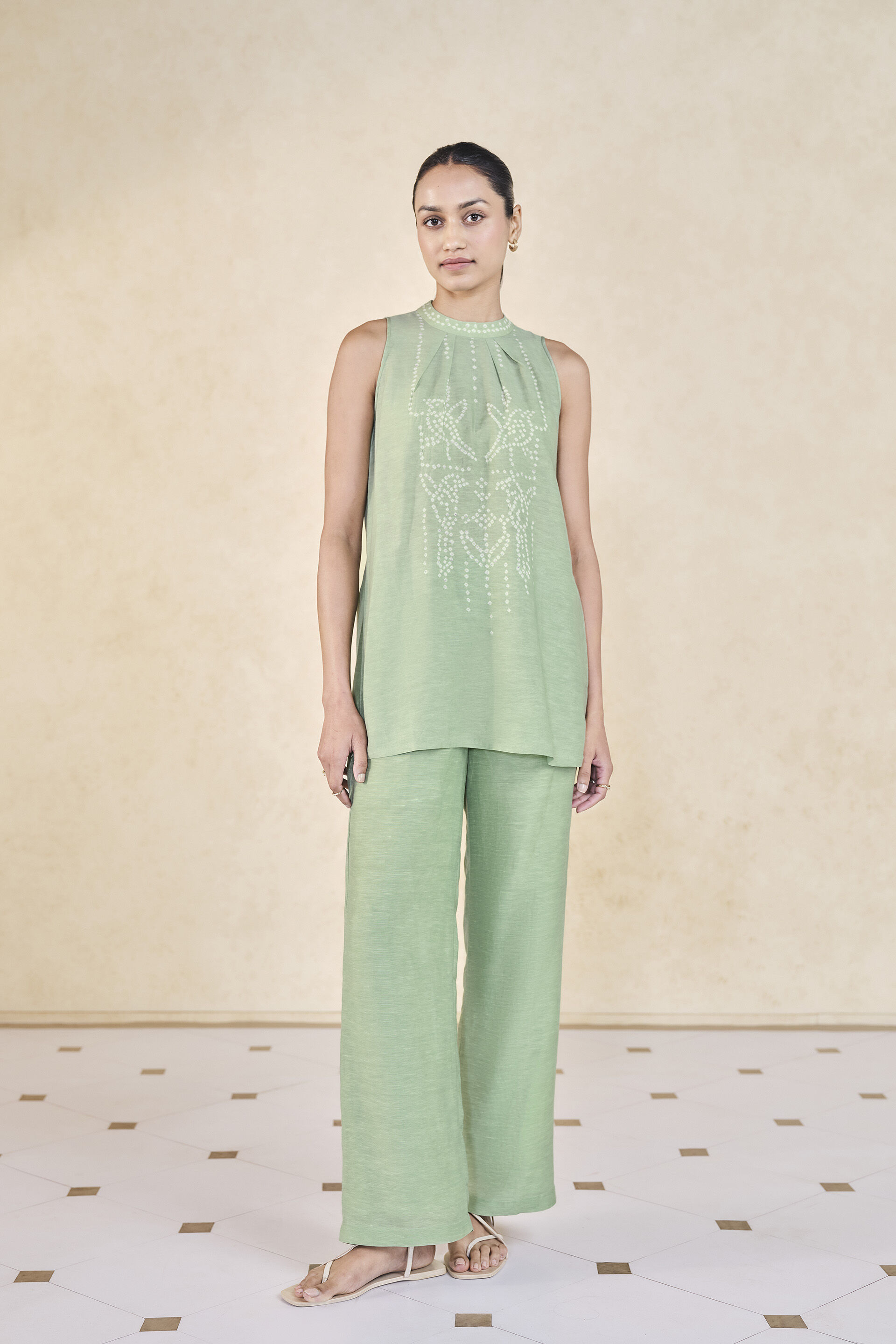 Daylily Handcrafted Bandhani Linen Co-ord - Sage