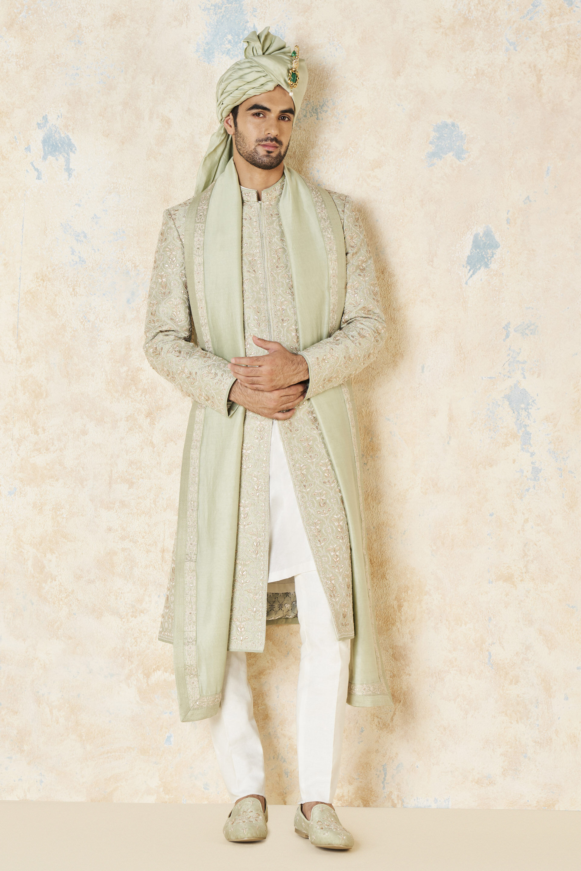Devarsh Gota Patti & Aari Silk Sherwani - Sage