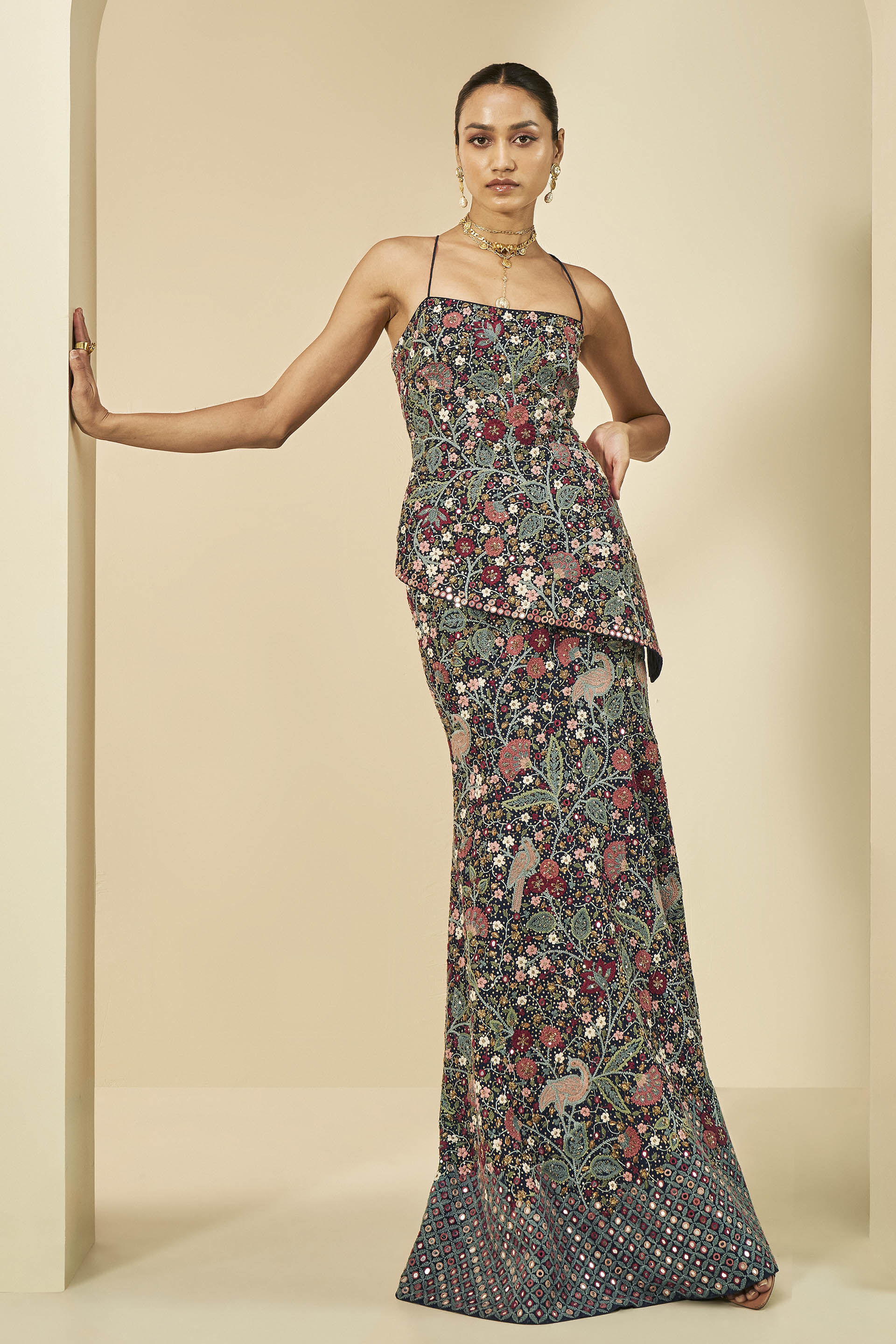 Symphony Of The Wilderness Mirror & Zardozi Silk Skirt Set - Navy