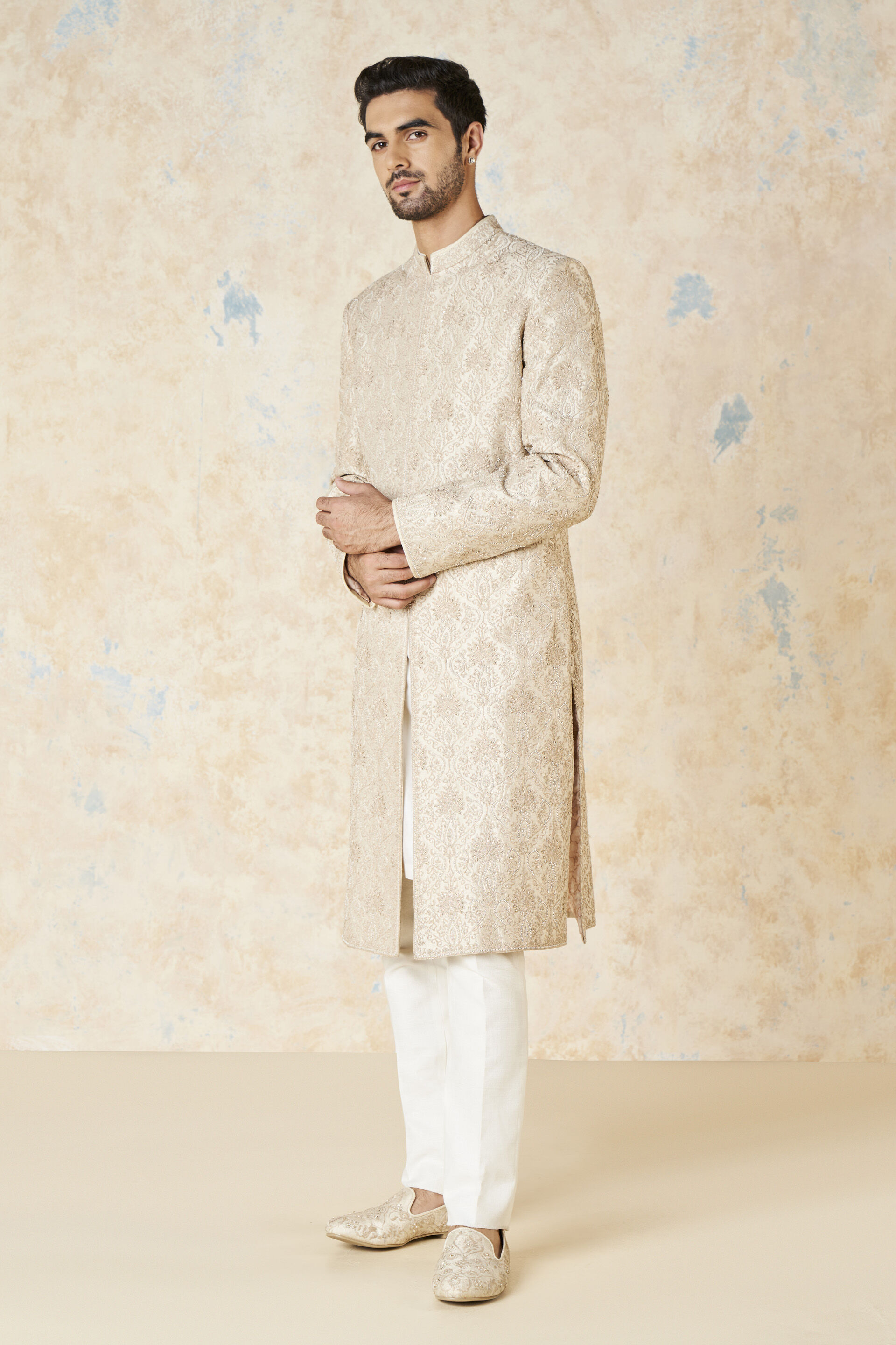 Ikshaan Embroidered Cord Silk Sherwani - Ivory, Ivory, image 3