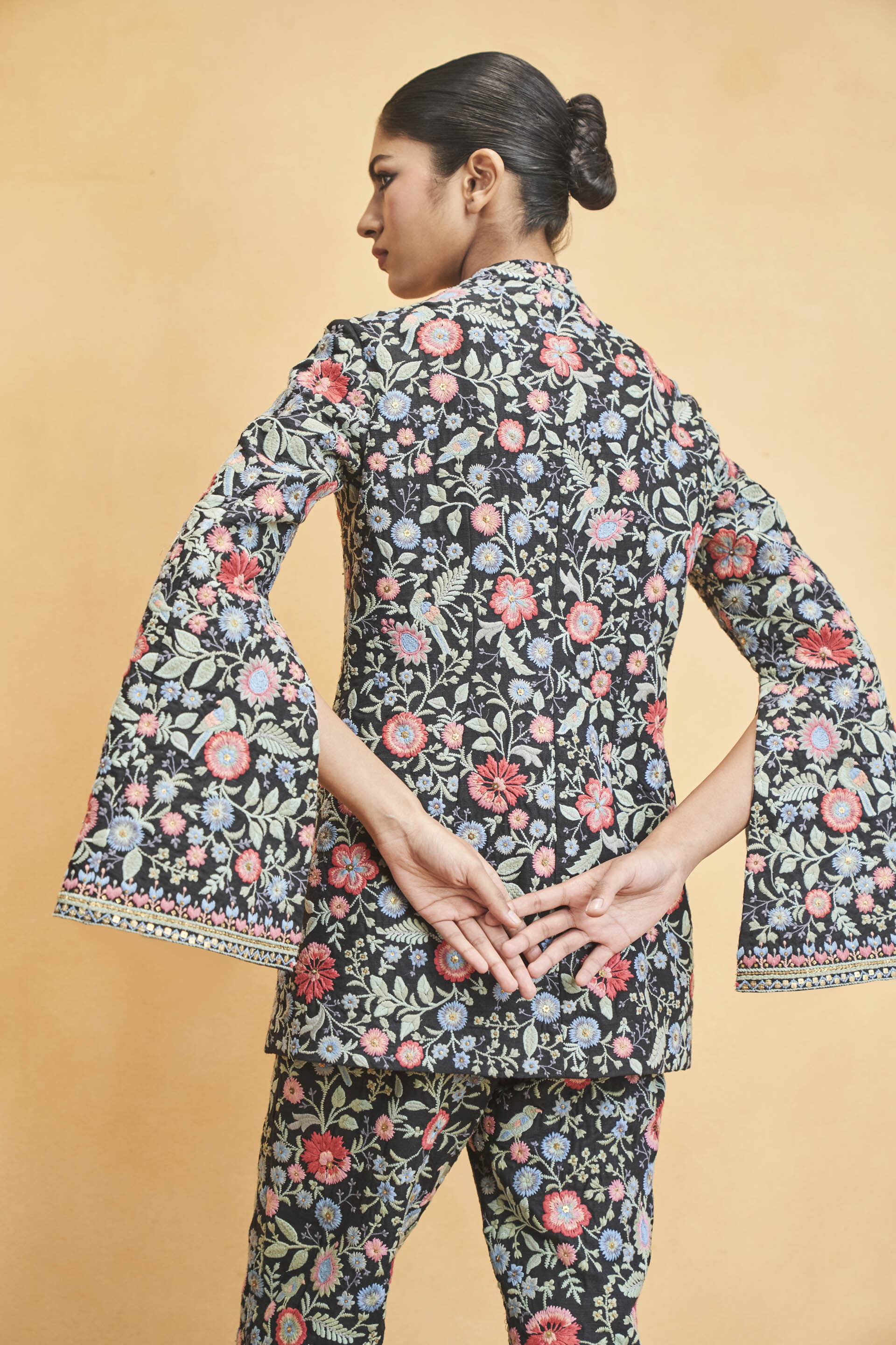 Galaxy Of Flowers Embroidered Zardozi Silk Set - Black, Black, image 5