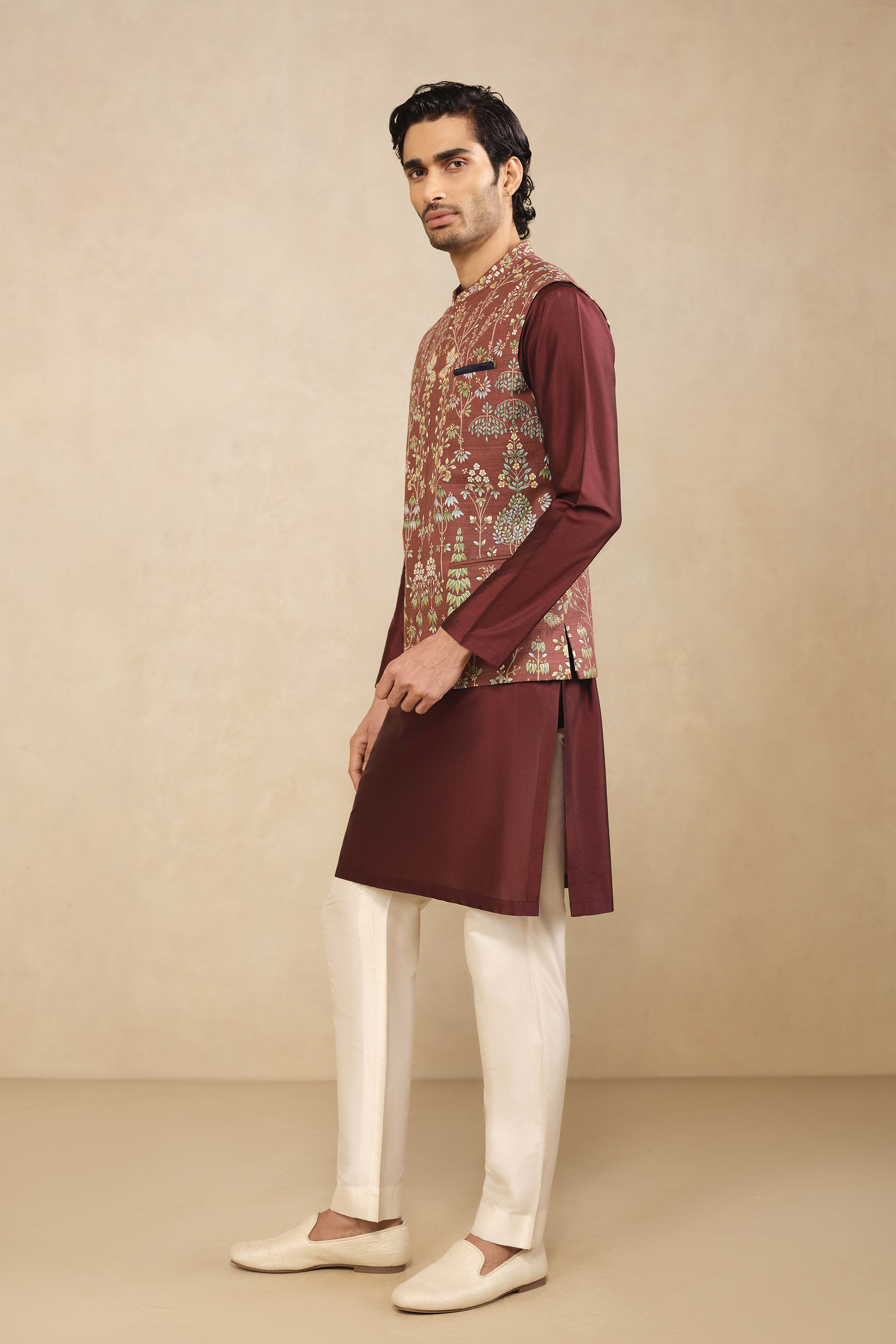 Aziz Hand-painted Pichhwai Silk Nehru Jacket - Brown, Brown, image 3