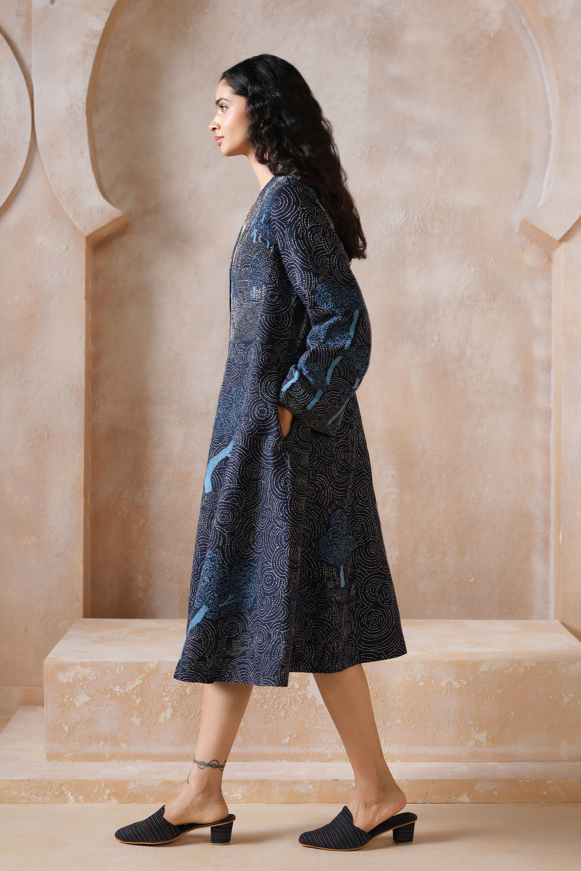 Alvard Hand-embroidered Kantha Silk Dress - Navy, Navy, image 4