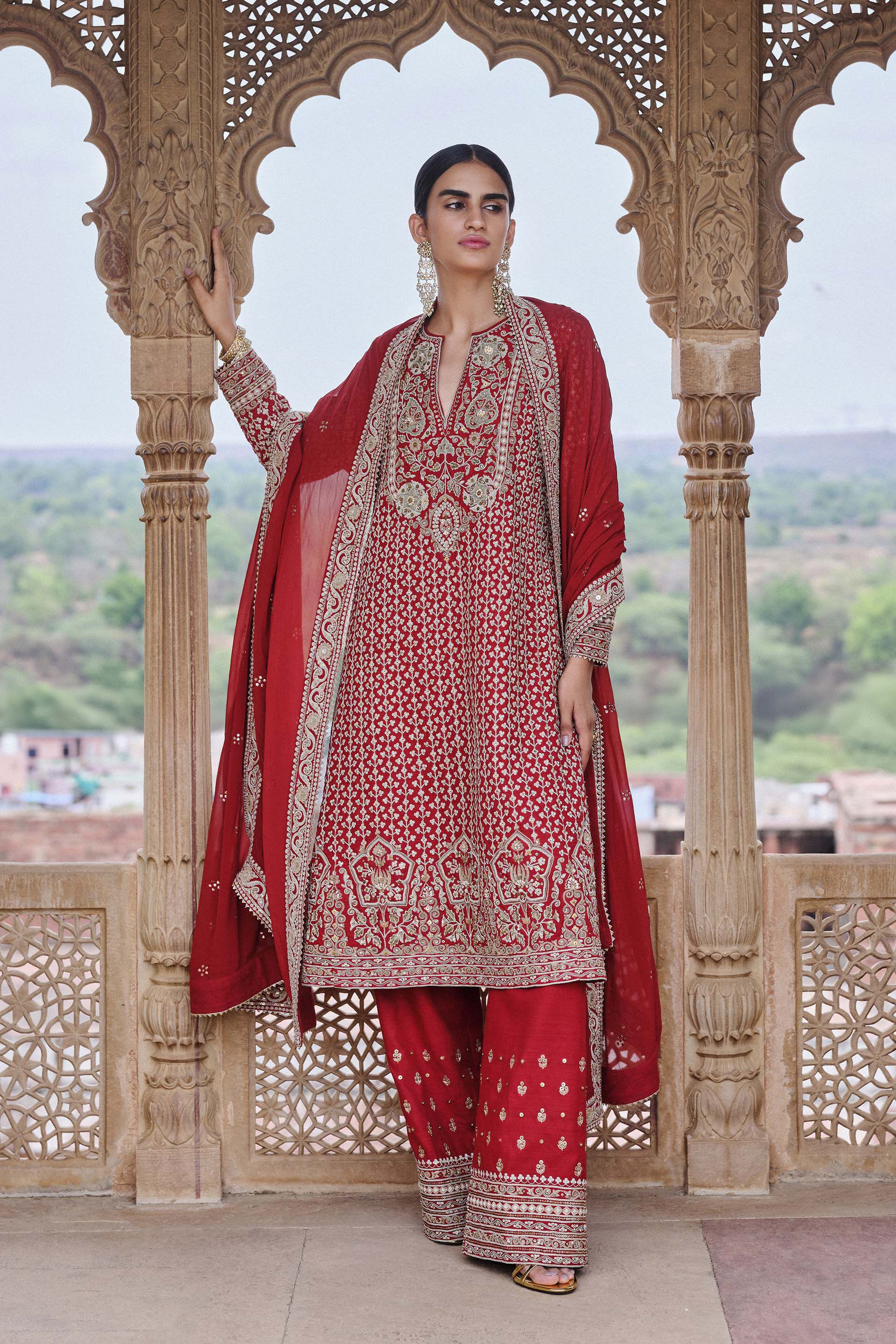 Mehkash Embroidered Cord Silk Suit Set Red