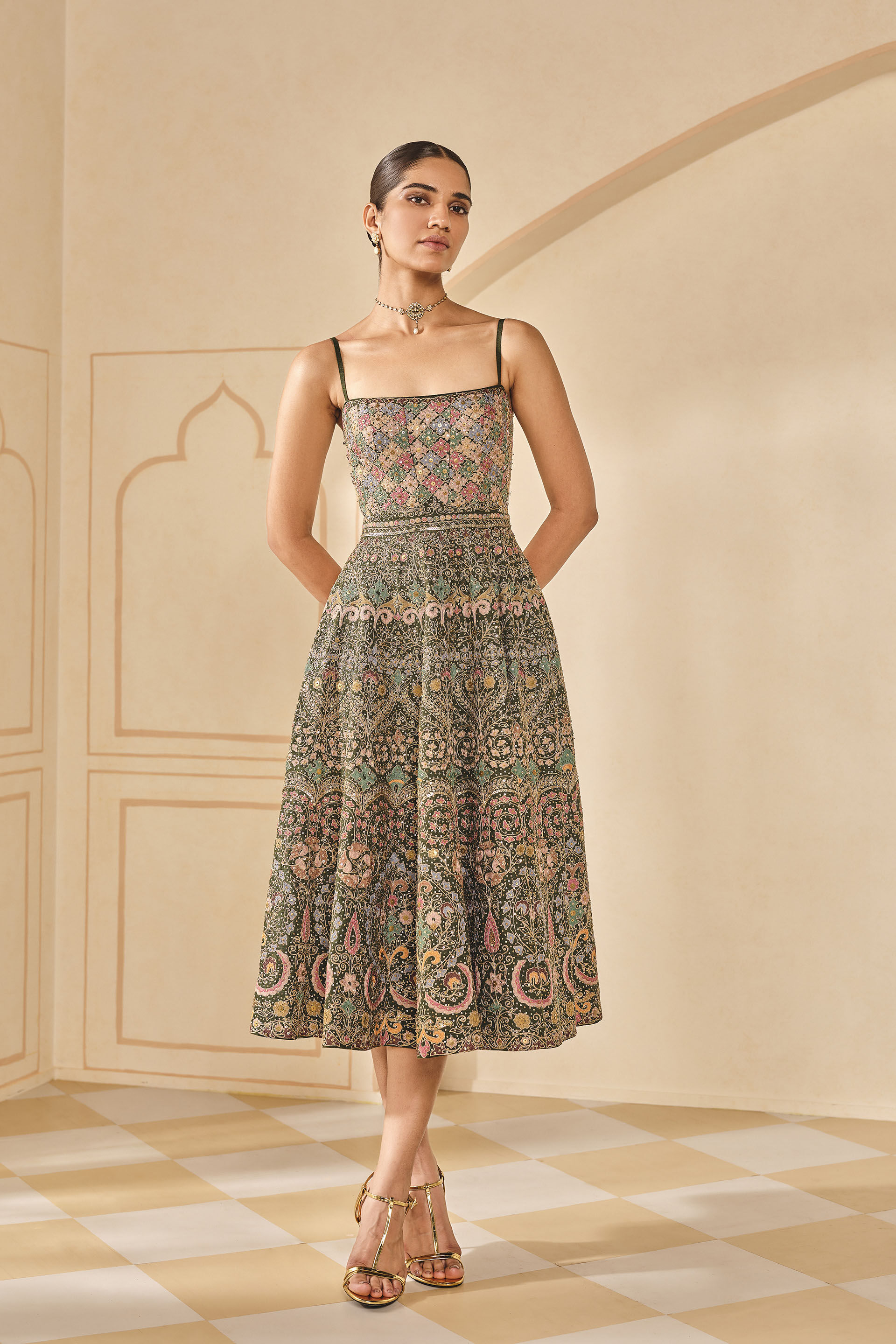 Buy Designer Chesney Embroidered Silk Dress Green Online from Anita
